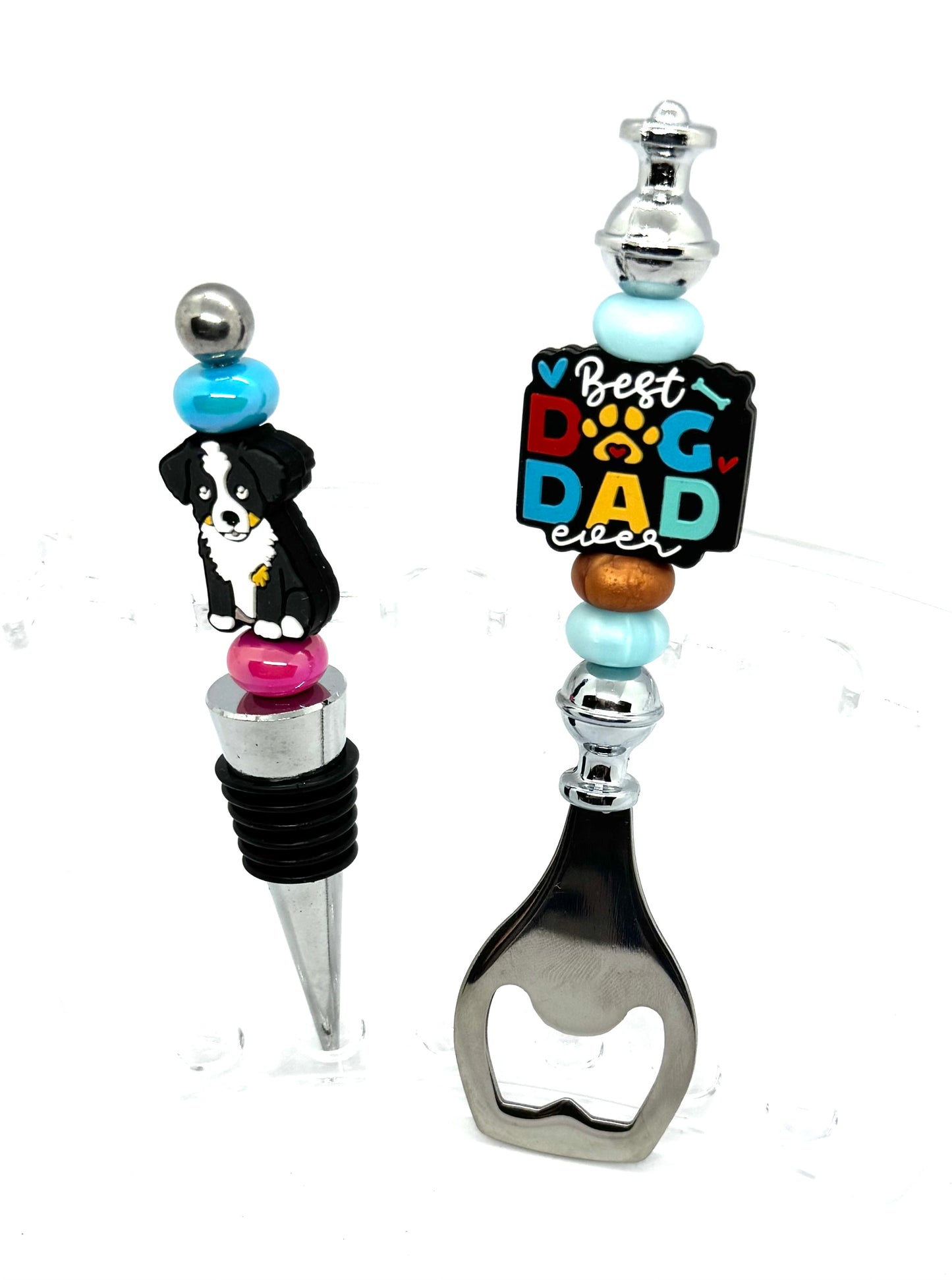 Best Dog Dad Ever Bottle Opener & Bernese Mountain Dog Wine Stopper Gift Set – Handmade FDSS Bar Accessory Duo