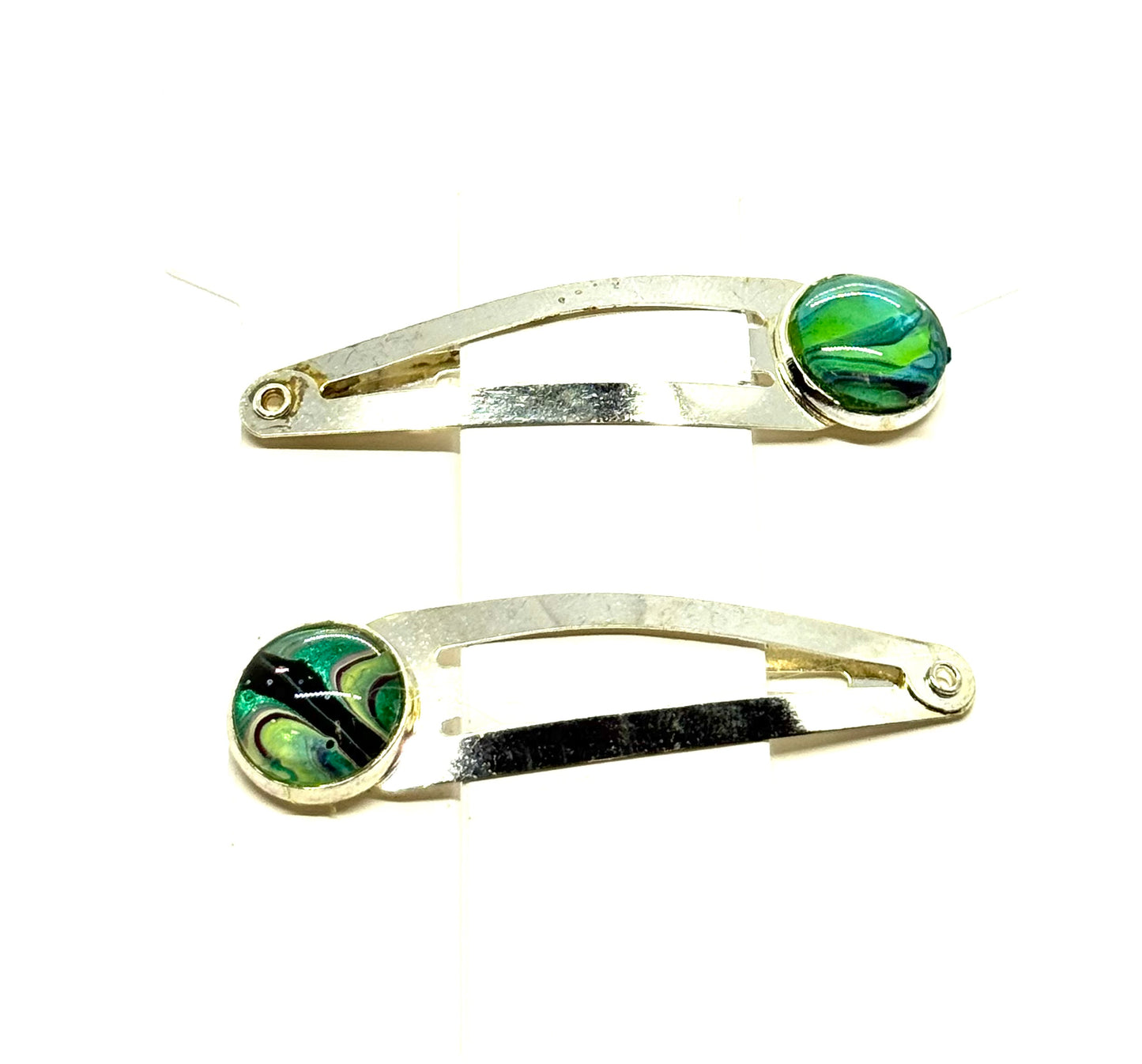 #3 Green Control Issues Snap Clips – Silver Tone Resin Hair Clips (2pc Set)