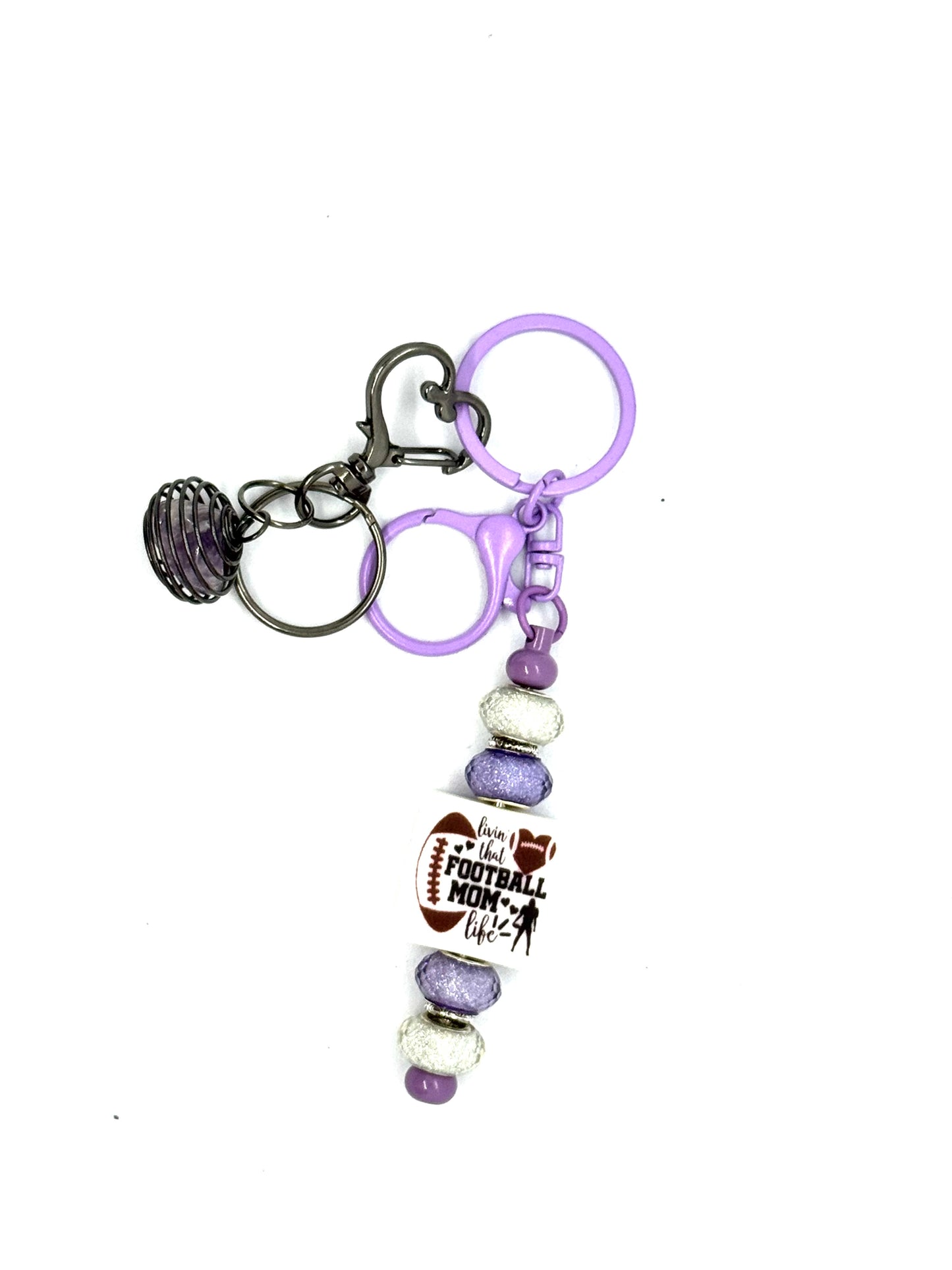 FDSS “Football Season Is My Personality” Football Mom Handmade Beaded Keychain with Purple Crystal Cage Charm