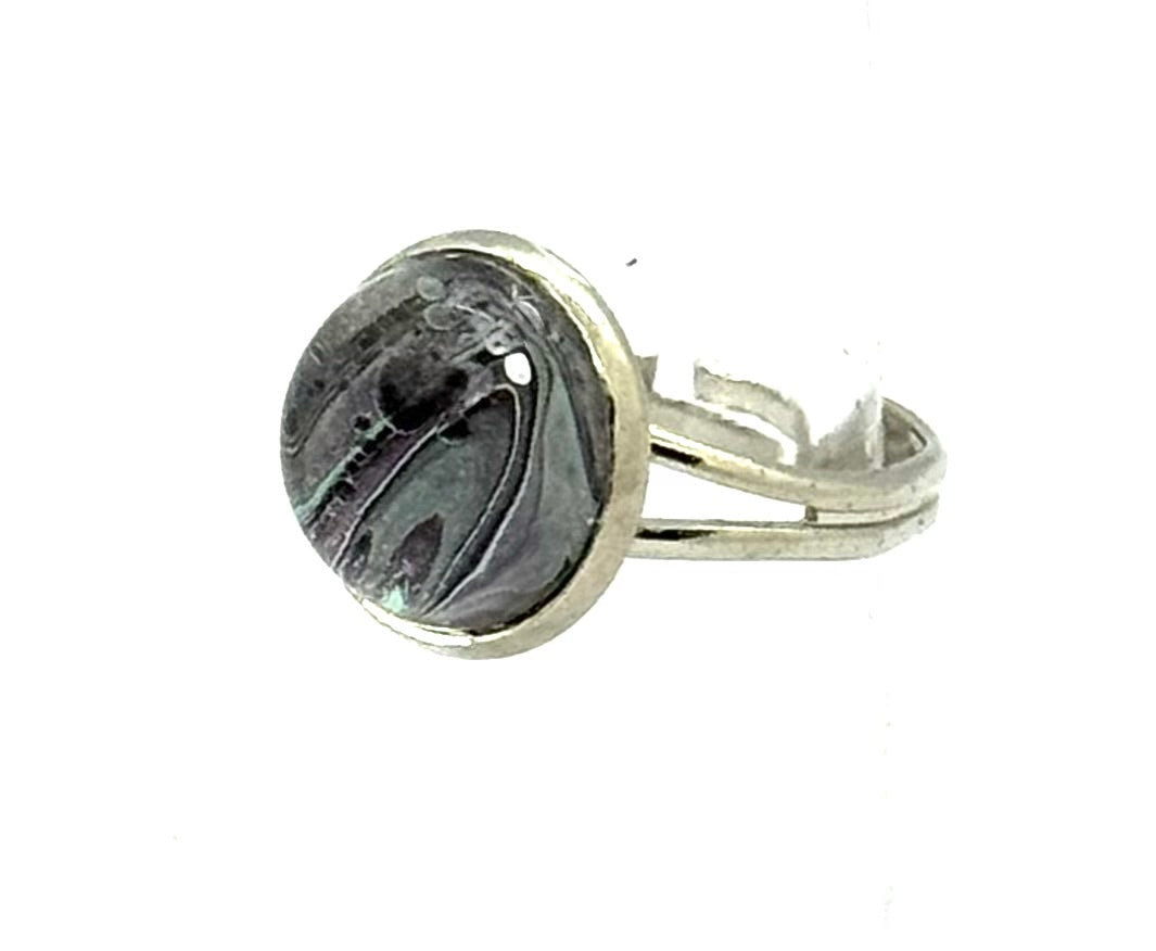 #11 Shadow Current Glass Dome Ring – Smoky Gray & Black Swirl Adjustable Ring