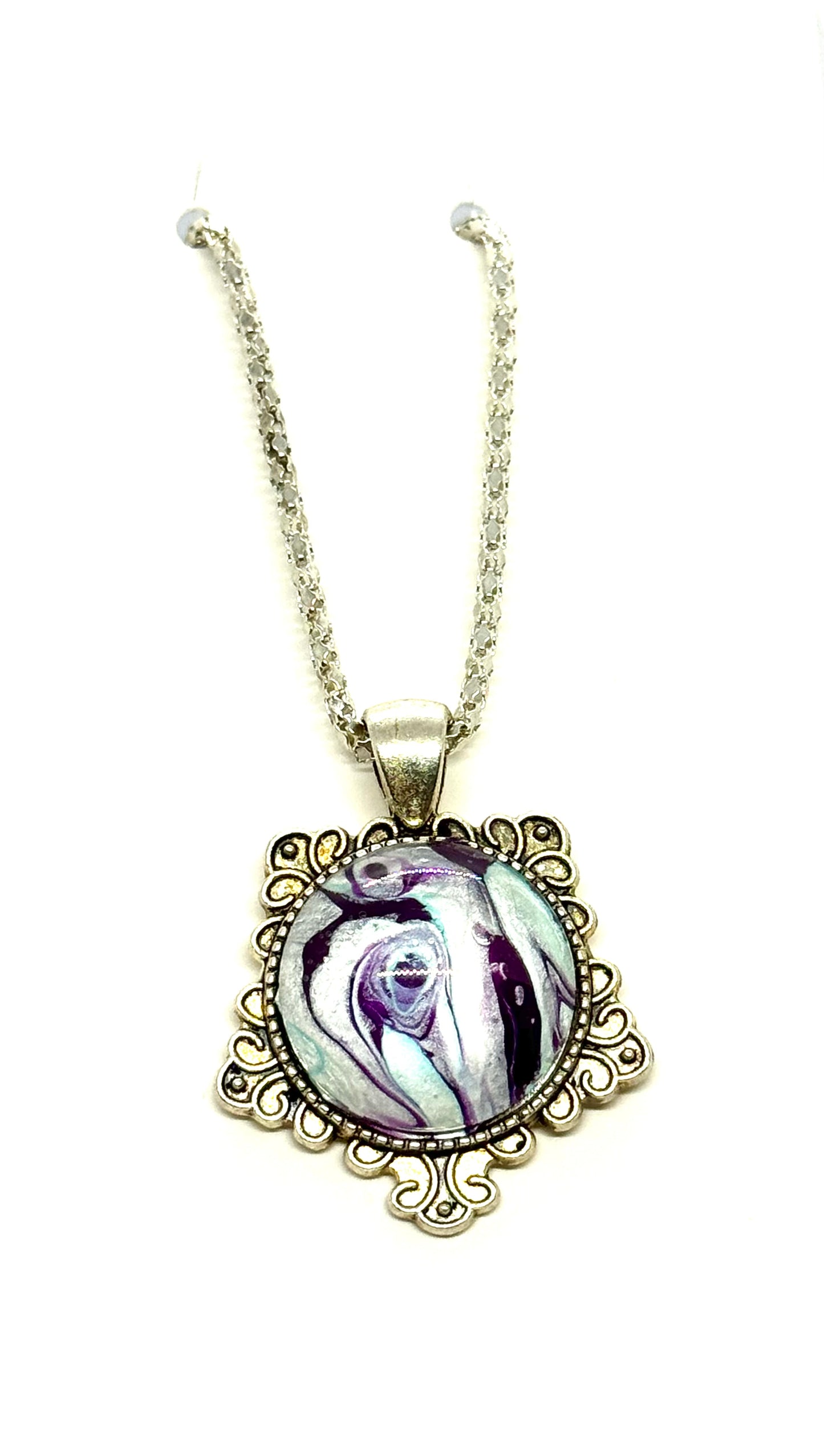 #26 Spiral Delusion – Purple & Silver Paint Pour Pendant | FDSS Original