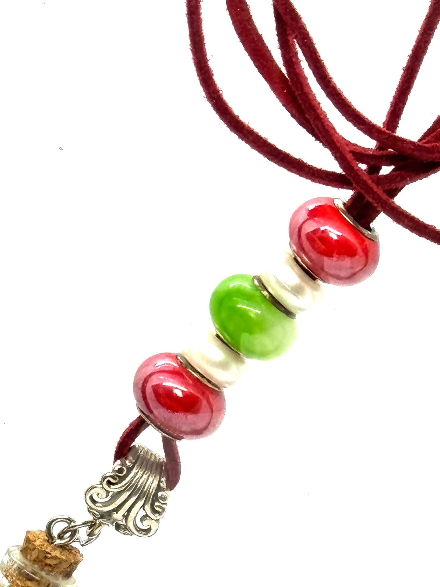 “Holiday Breakdown in a Bottle” Red Cord Beaded Necklace | 26” | Magnetic Clasp | Glitter Bottle Pendant