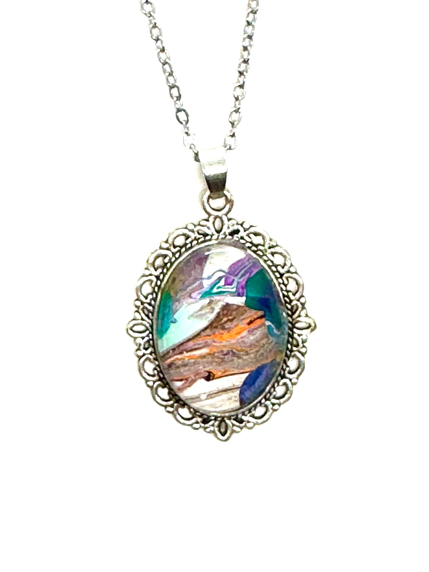 #27 Tectonic Mood Swing – Abstract Paint Pour Oval Pendant Necklace | One-of-a-Kind Chaos Jewelry