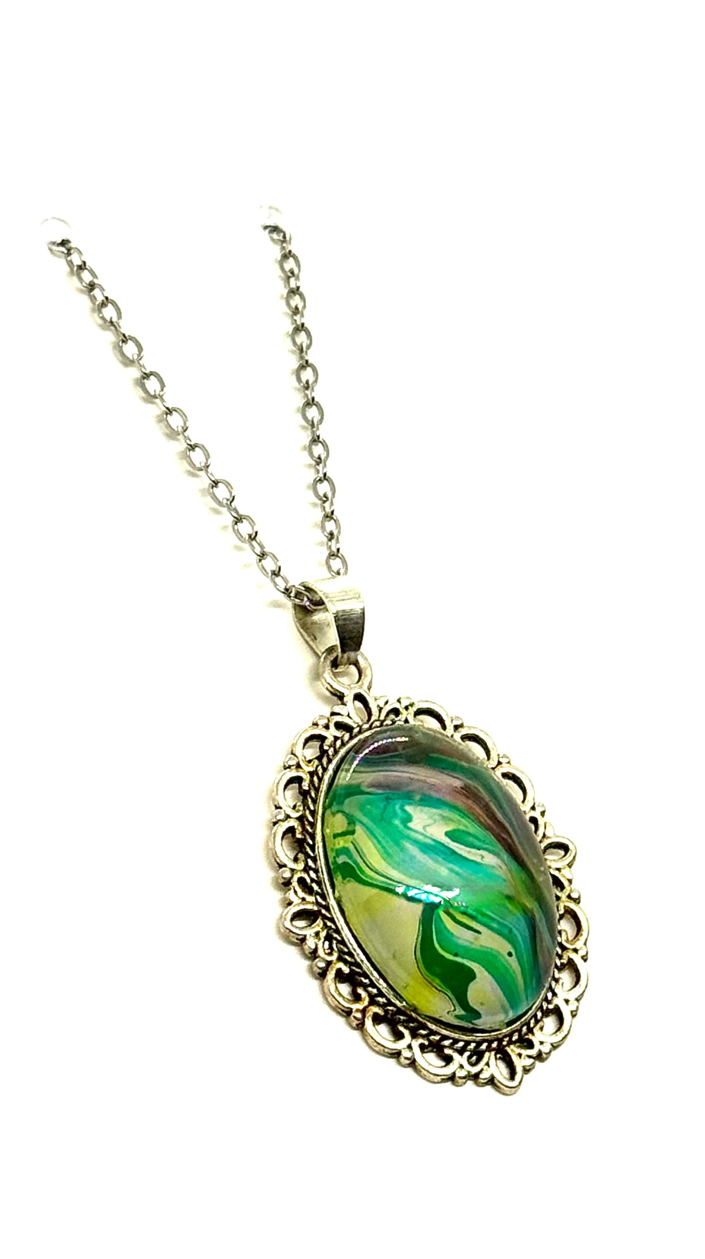 #21 Green Ghost Paint Pour Oval Pendant Necklace – Fluid Art Statement Jewelry