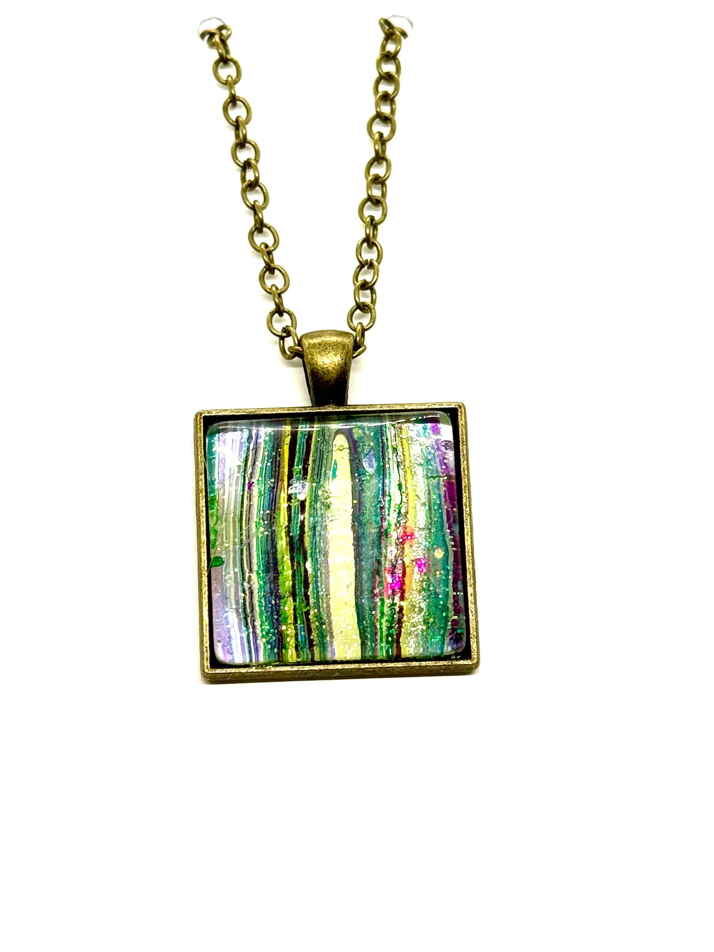 #20 Sunshine Gone Wrong – Blue, Yellow & Pink Foil Square Paint Pour Necklace | FDSS Original