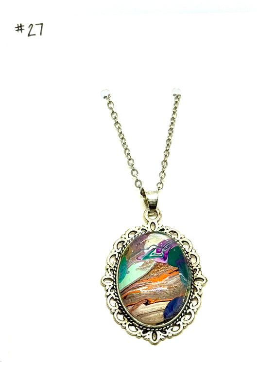 #27 Tectonic Mood Swing – Abstract Paint Pour Oval Pendant Necklace | One-of-a-Kind Chaos Jewelry