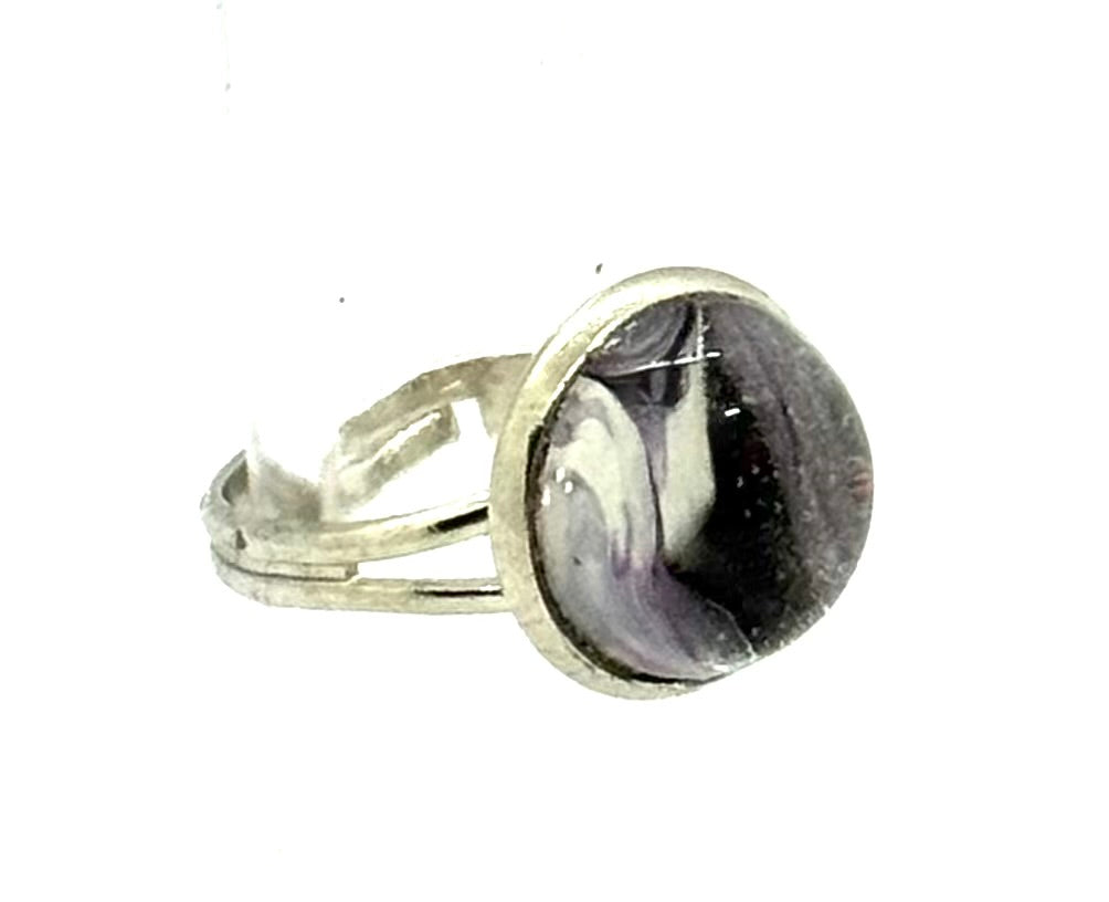 #10 Midnight Divide Glass Dome Ring – Smoky Black & Gray Swirl Adjustable Ring