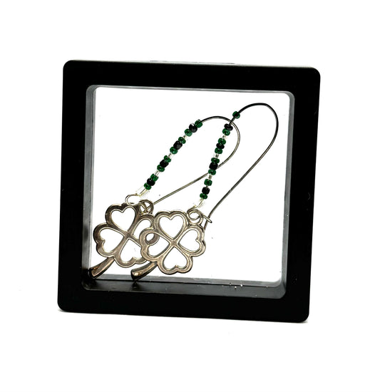 #6 Lucky Little Chaos Shamrock Earrings – Green Beaded Clover Dangle Earrings