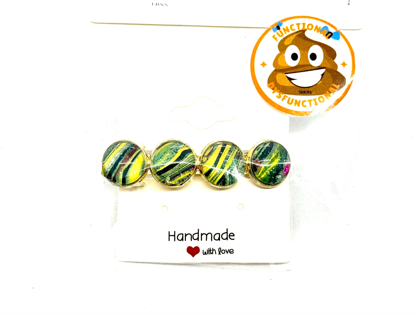 #2 Sunlit Chaos Barrette – Yellow & Green Resin Disc Hair Clip