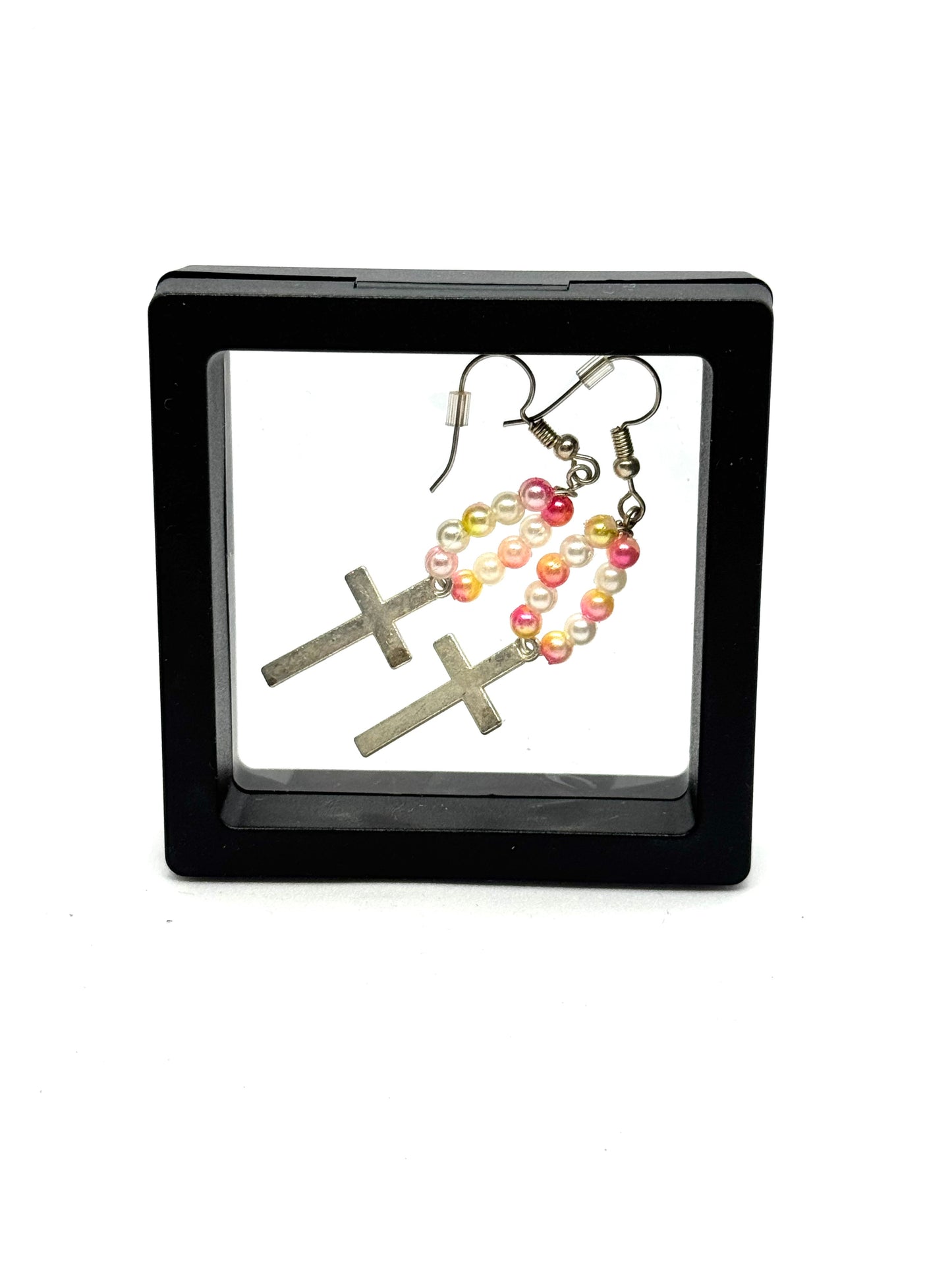 #43 Pearls, Prayers & Persistence Earrings – Pink & Pearl Beaded Cross Dangle Earrings