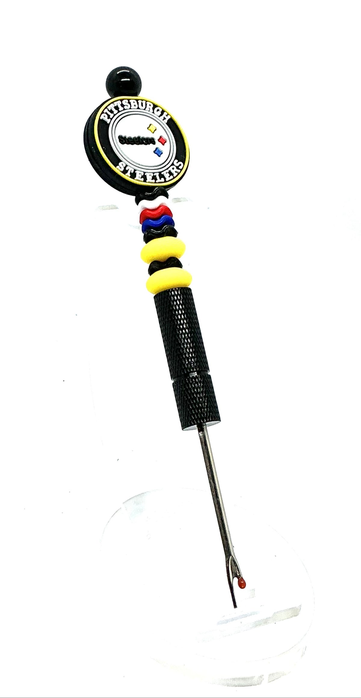 Beaded seam ripper with Pittsburgh football focal bead and black and gold beads on a black handle