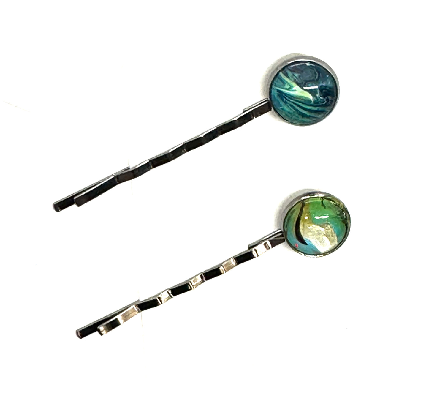 #5 Deep Ocean Chaos Bobby Pins – Teal & Emerald Swirl Set (2pc)