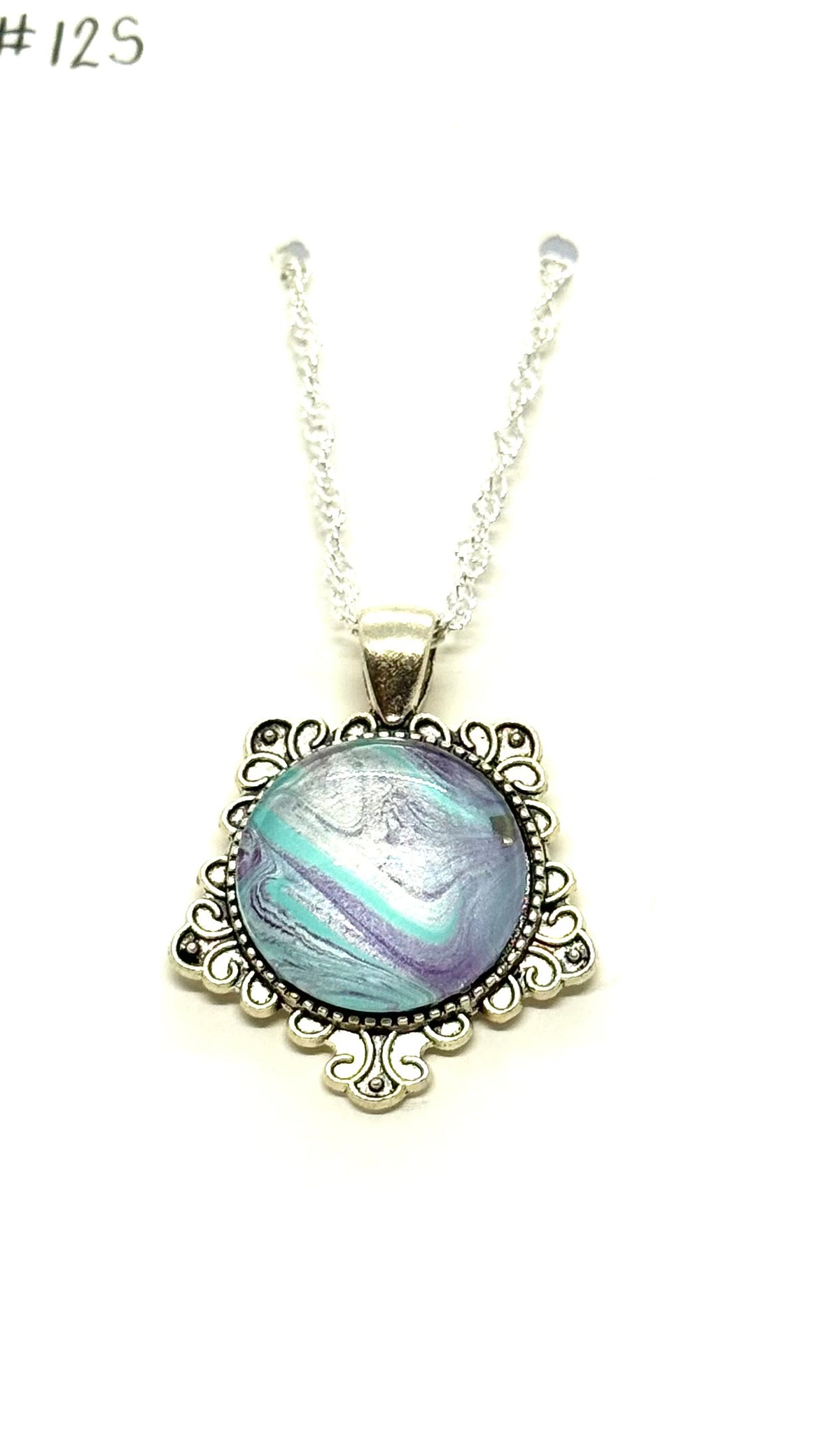 Calm Is Suspicious Necklace | 18” Sterling Silver Aqua & Lavender Paint Pour Necklace