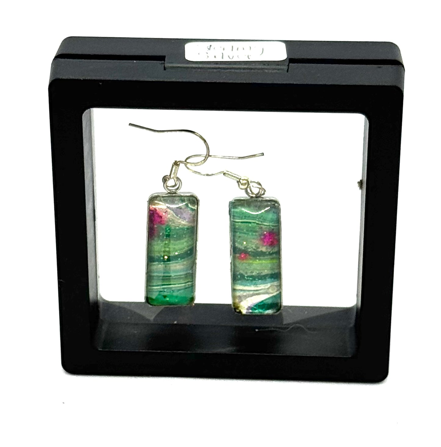 #11S Enchanted Lagoon Sterling Silver Rectangle Glass Dome Earrings