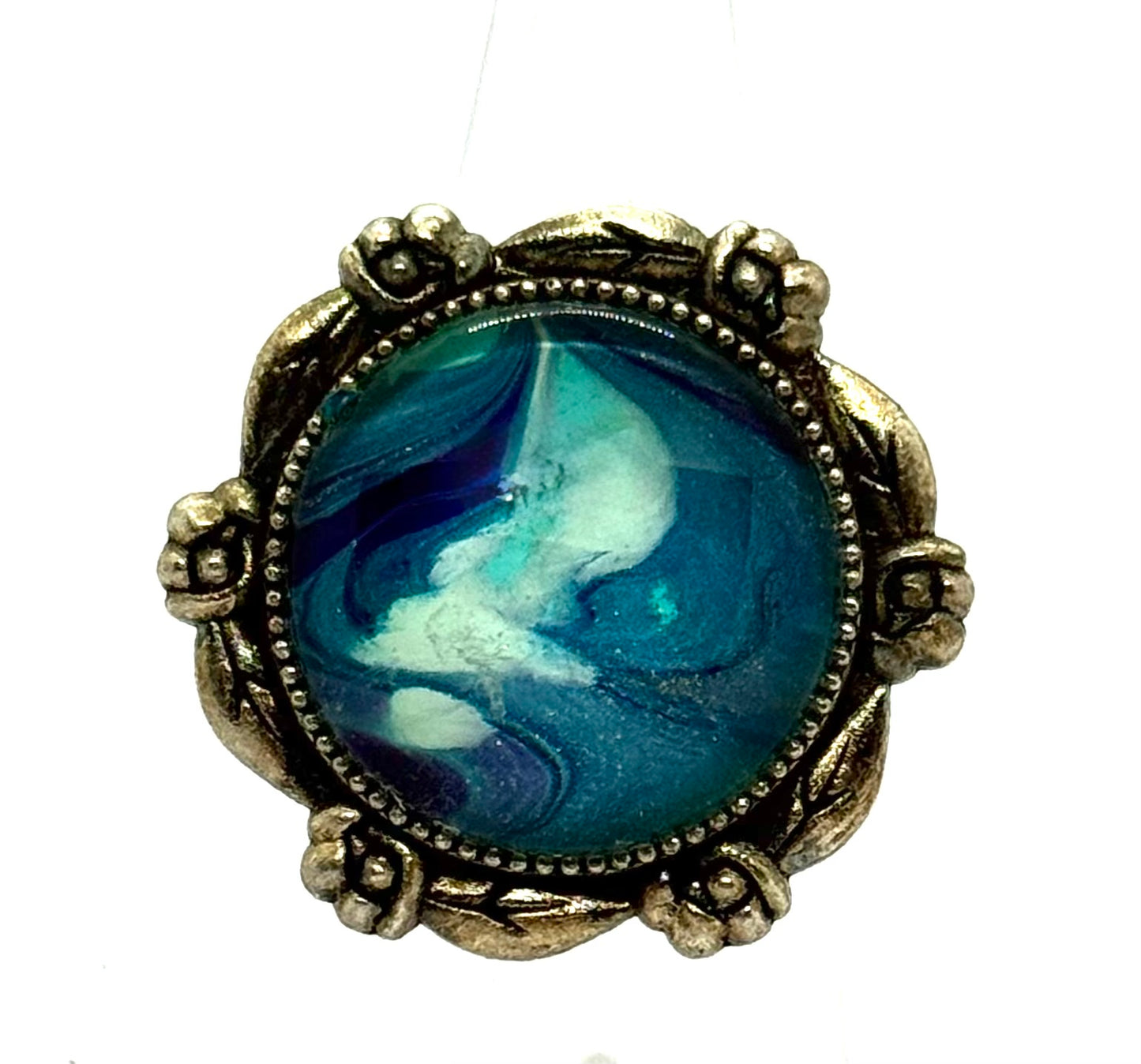 #12 Ocean Dream Glass Dome Statement Ring – Teal Blue Swirl Vintage Style Adjustable Ring
