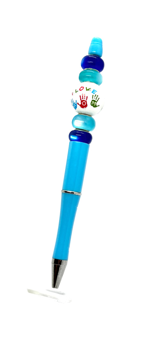 Blue “I Love Mom” Beaded Pen