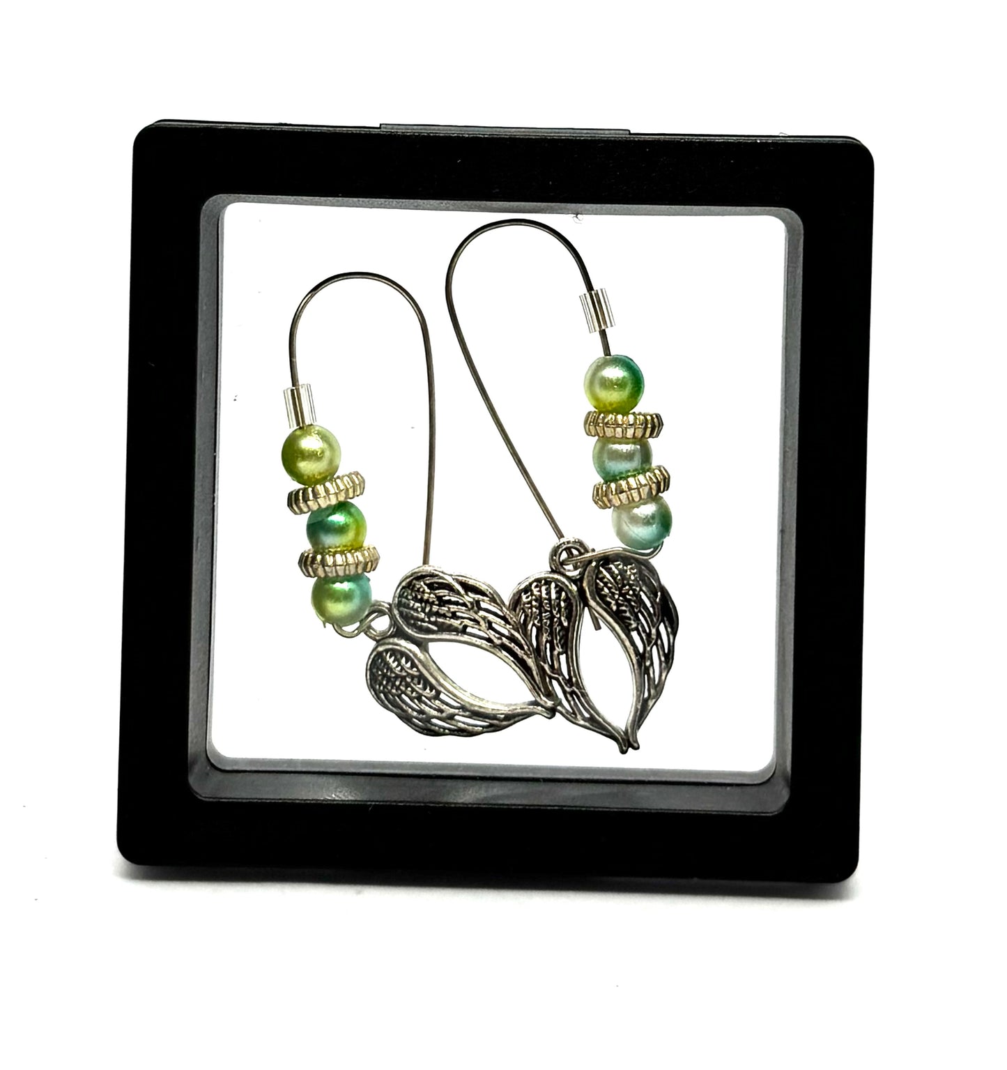 #26 👼 Heaven’s Customer Service Department – Green Pearl Beaded Angel Wing Dangle Earrings