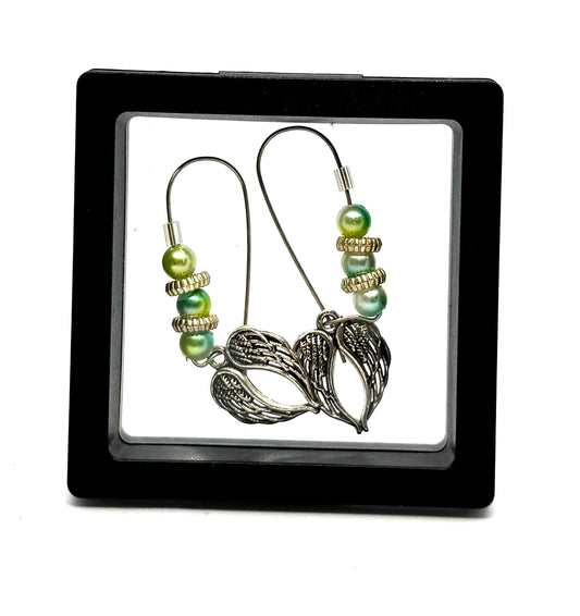 #26 👼 Heaven’s Customer Service Department – Green Pearl Beaded Angel Wing Dangle Earrings