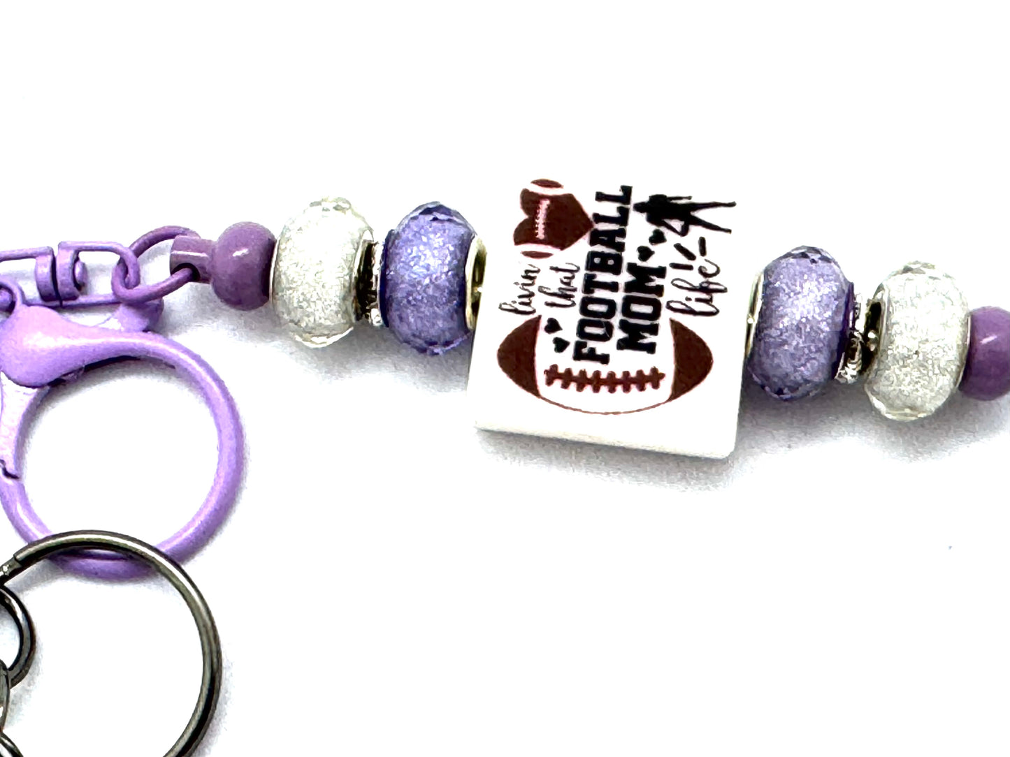 FDSS “Football Season Is My Personality” Football Mom Handmade Beaded Keychain with Purple Crystal Cage Charm