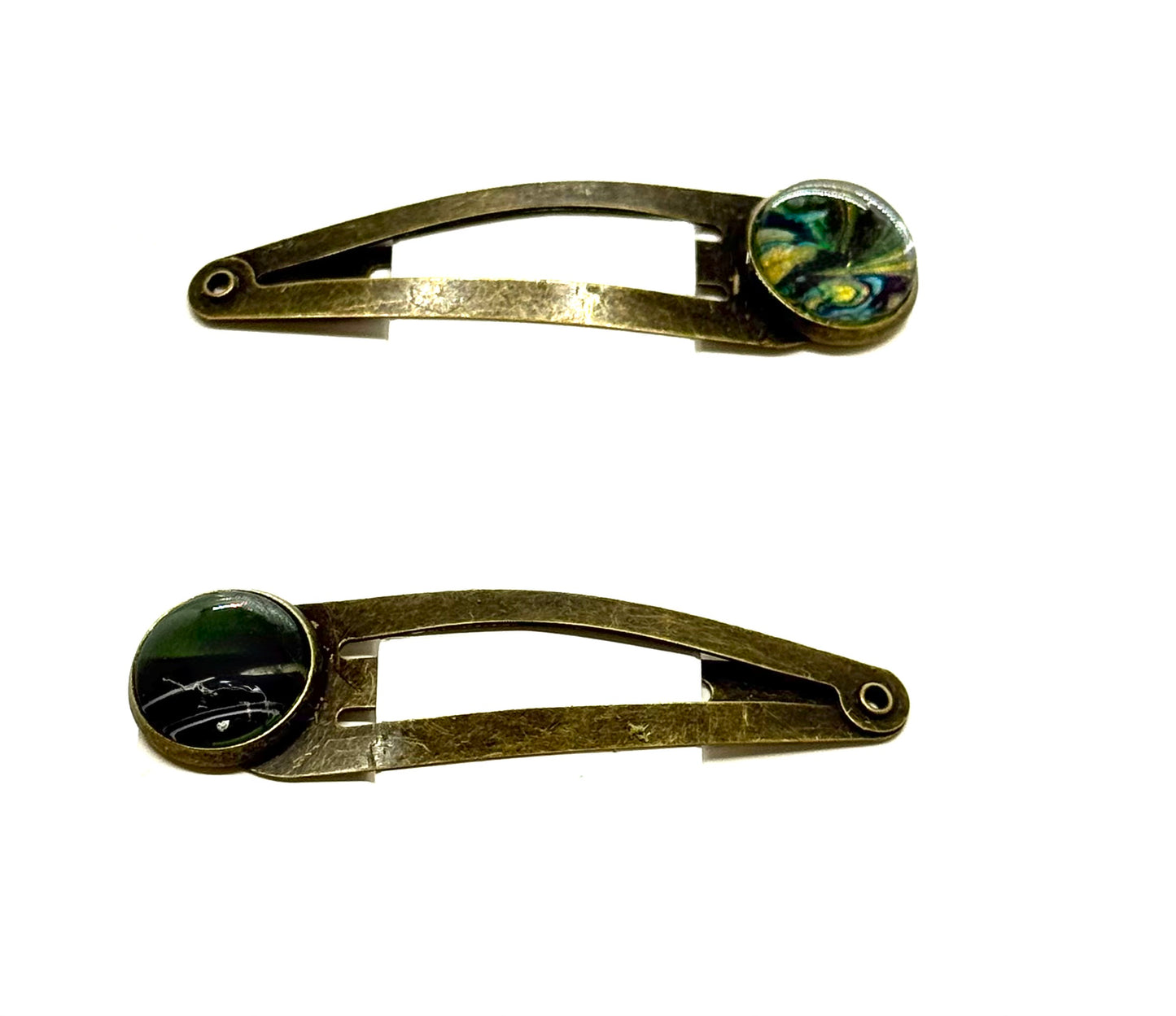 #2 Ocean Spiral Snap Clips – Silver Tone Blue Green Resin Hair Clips (2pc Set)
