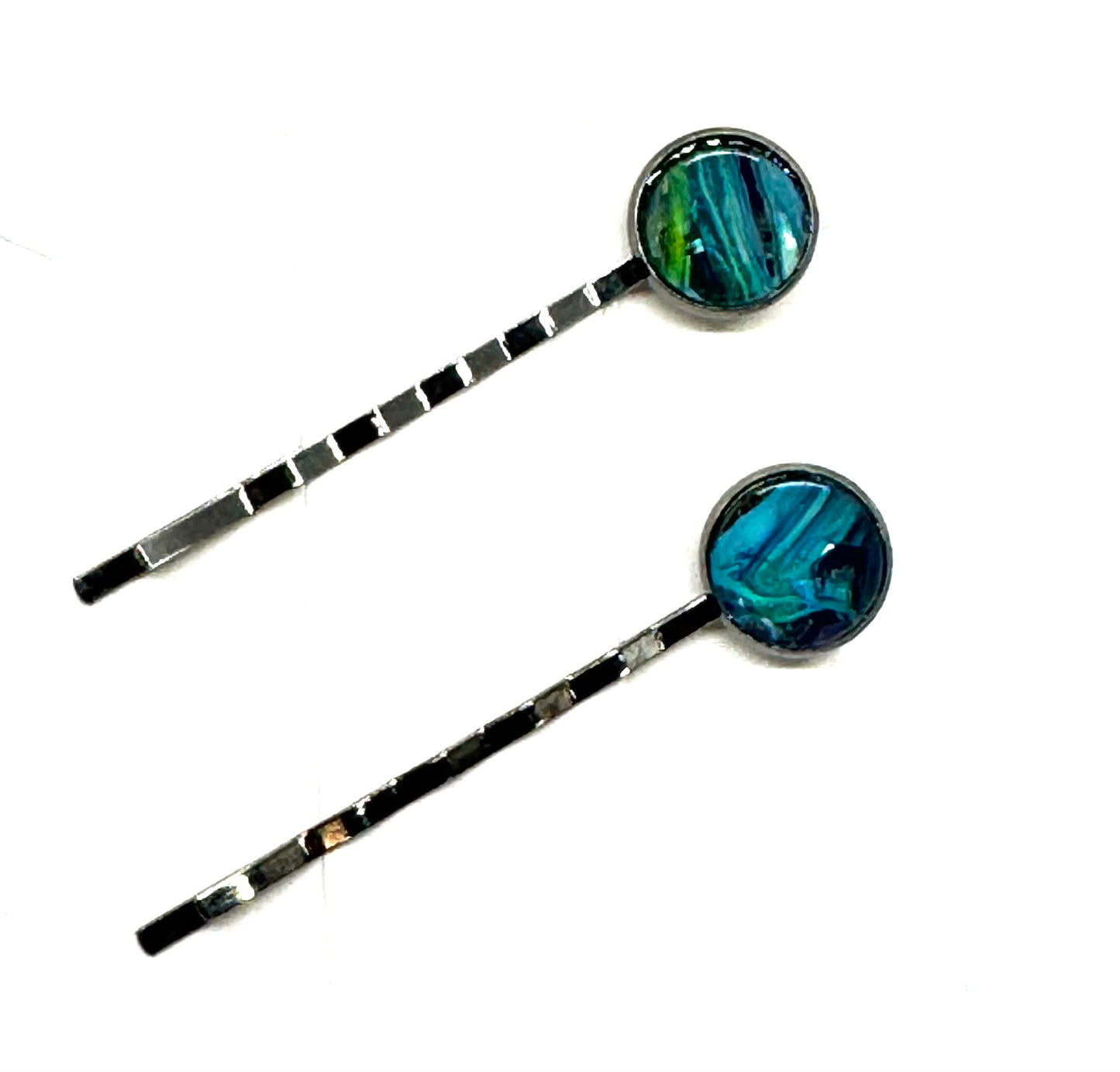 #2 Cool Chaos Bobby Pins – Blue & Teal Swirl Set (2pc)