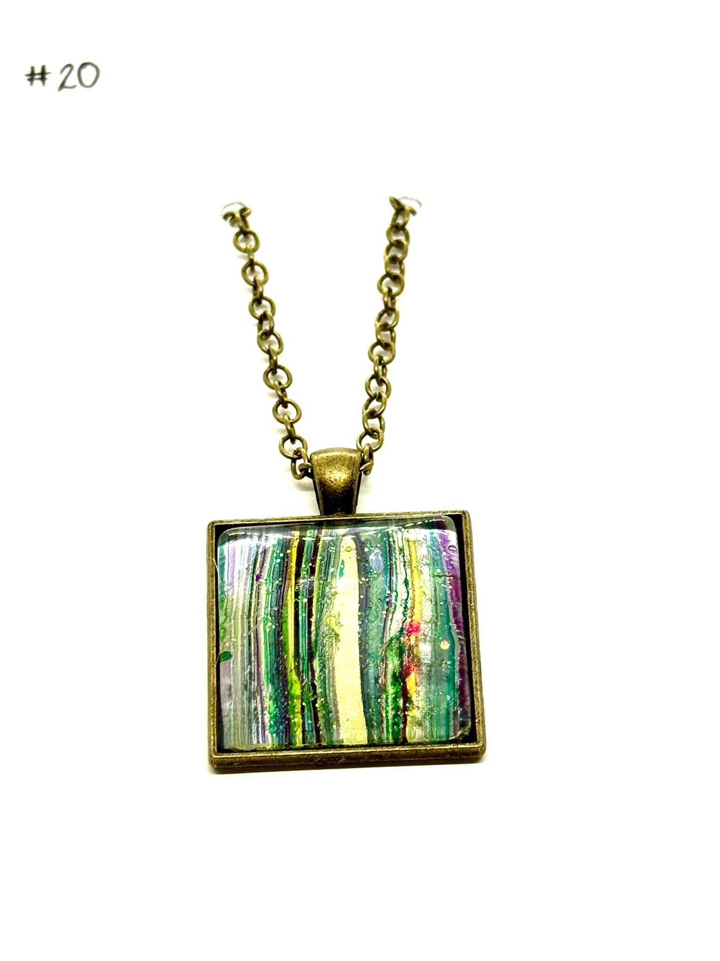 #20 Sunshine Gone Wrong – Blue, Yellow & Pink Foil Square Paint Pour Necklace | FDSS Original