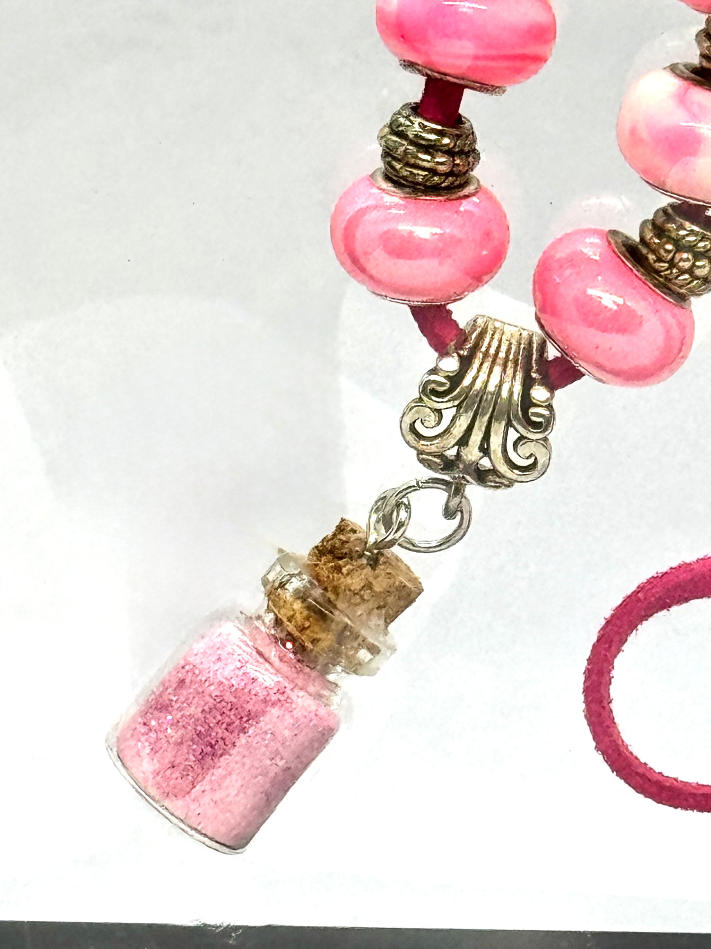 “Sweet but Psychotic” Pink Beaded Necklace | 30” Cord | Handmade Glitter Bottle Pendant Necklace