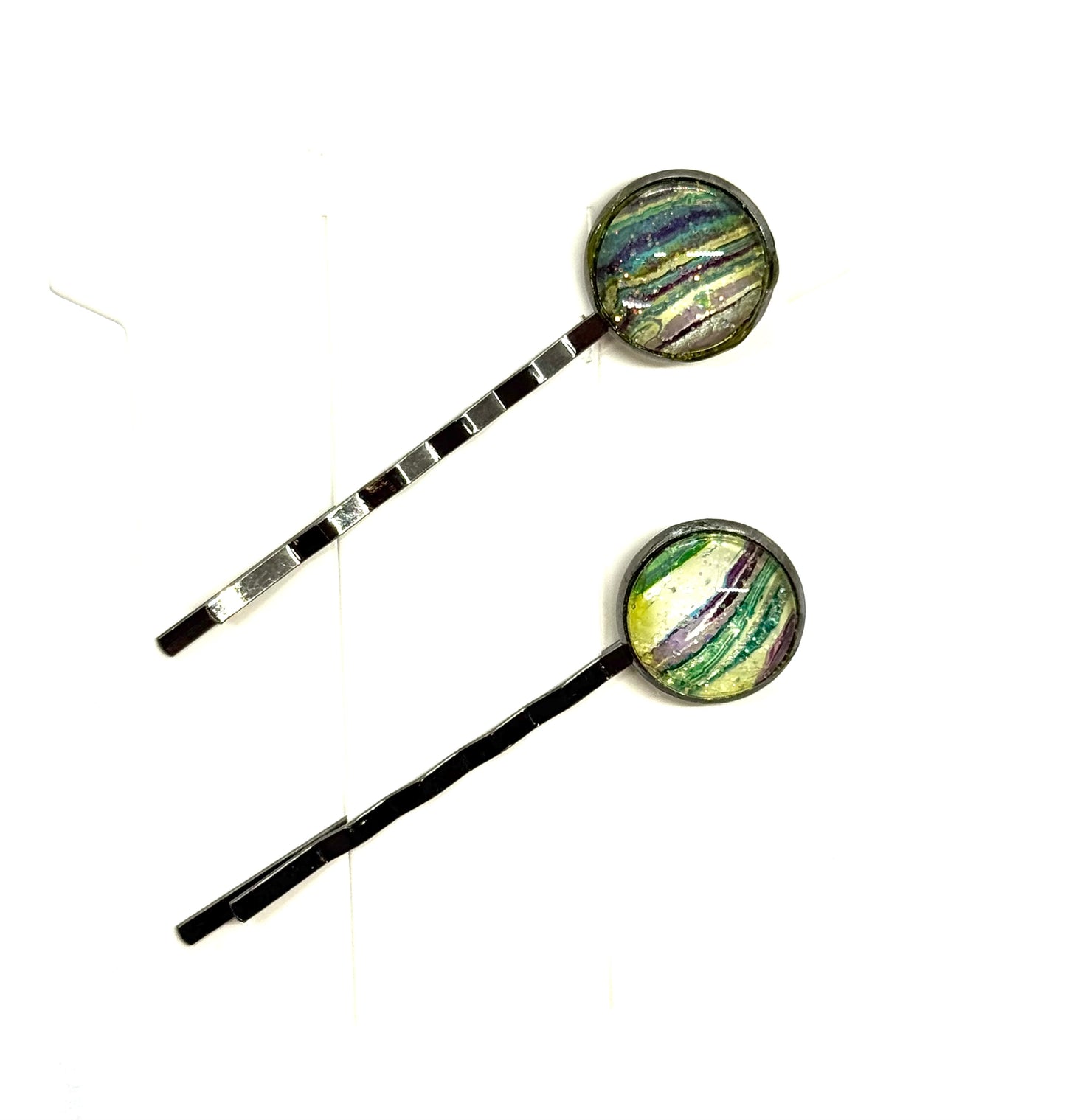 #6 Forest Chaos Bobby Pin Set – Green & Purple Swirl Hair Pins (2pc)