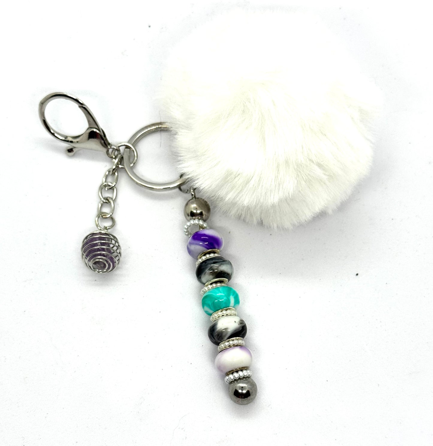 FDSS “Calm Chaos” White Pom Pom Beaded Keychain with Amethyst Charm