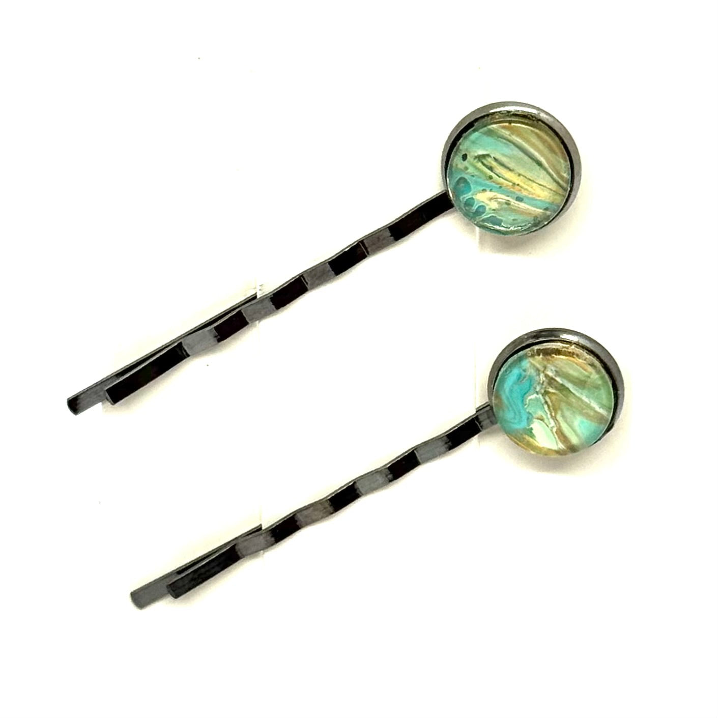 The “Mermaid on Paid Time Off” Bobby Pin Set – Handmade Aqua & Gold Swirl Hair Pins (Set of 2)