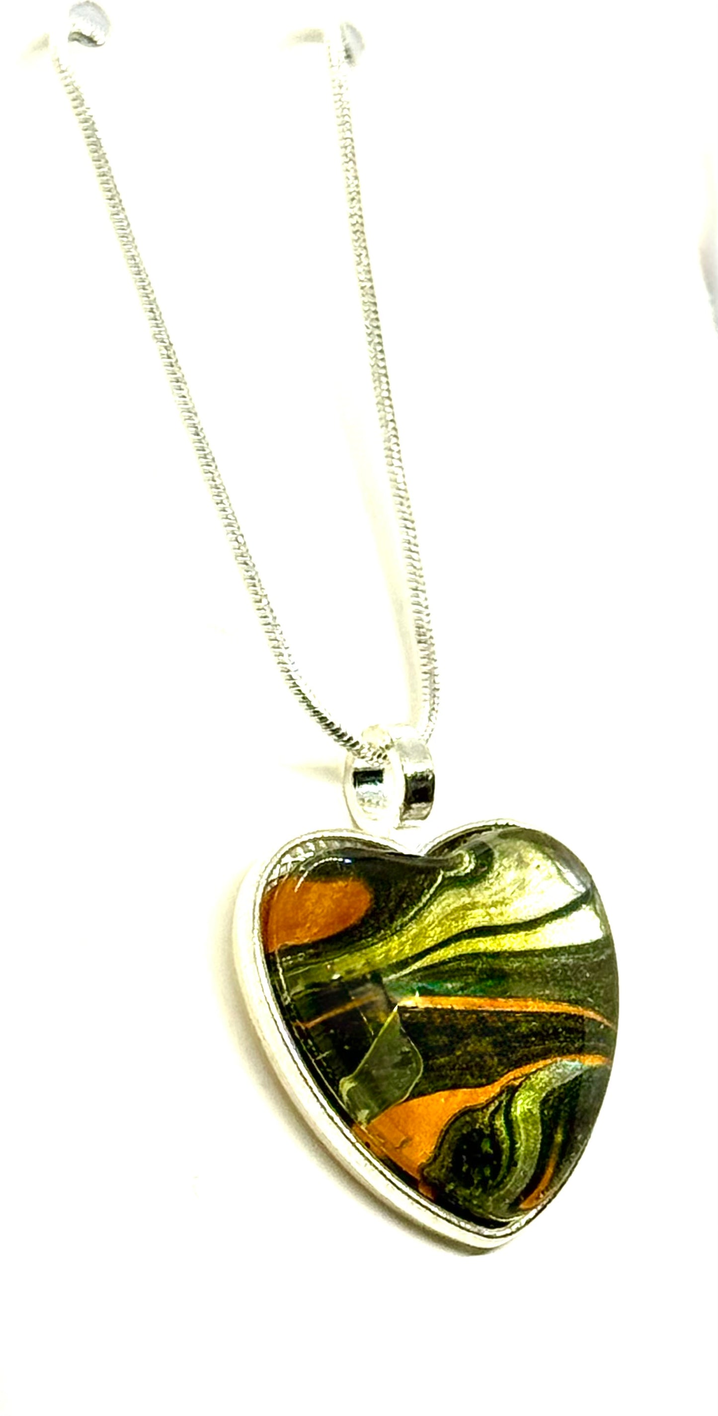 #22 Heartbreak in Technicolor – Black, White, Orange & Rose Gold Paint Pour Heart Pendant Necklace