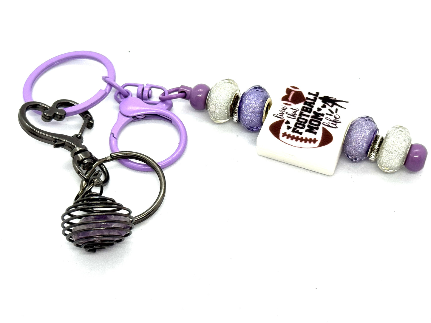 FDSS “Football Season Is My Personality” Football Mom Handmade Beaded Keychain with Purple Crystal Cage Charm
