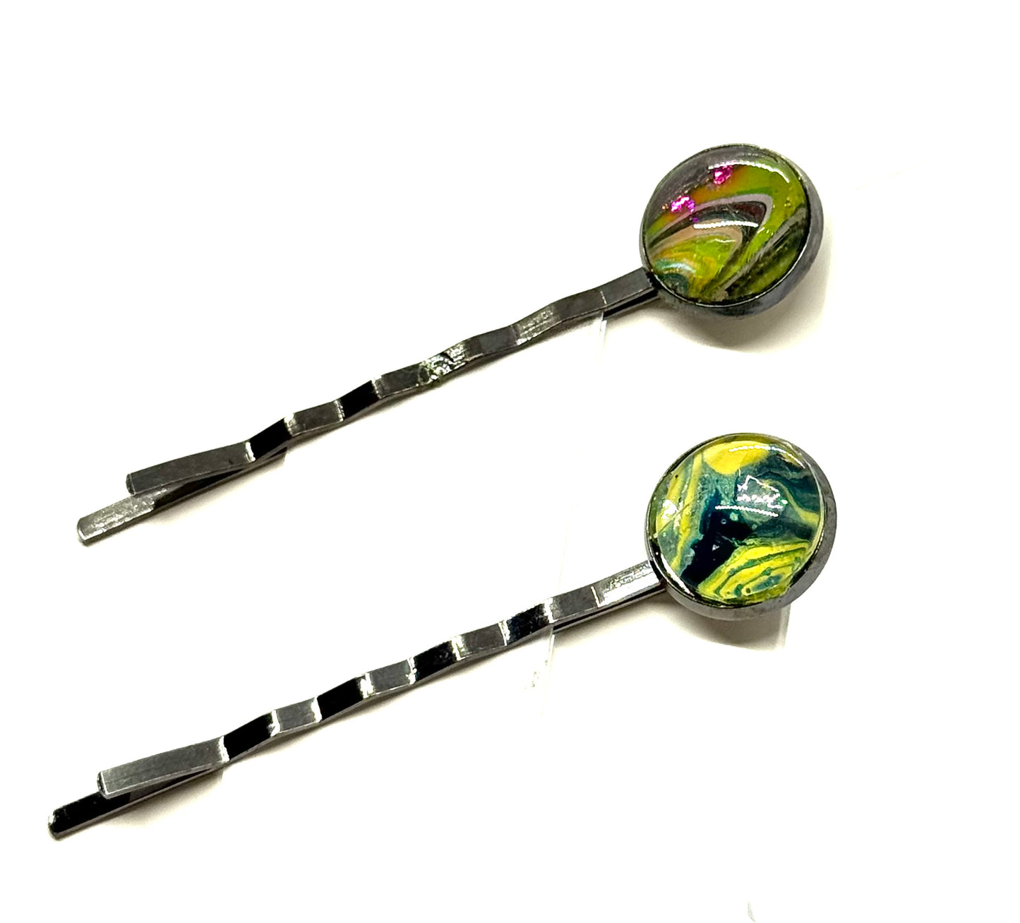 #1 Sun Toxic Bobby Pins – Yellow & Green Swirl Set (2pc)