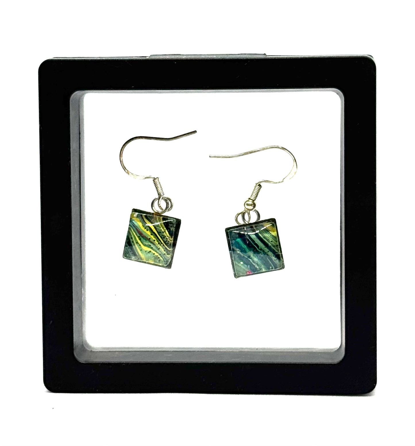 #2S Emerald Chaos Square Glass Dome Earrings – Sterling Silver Hooks