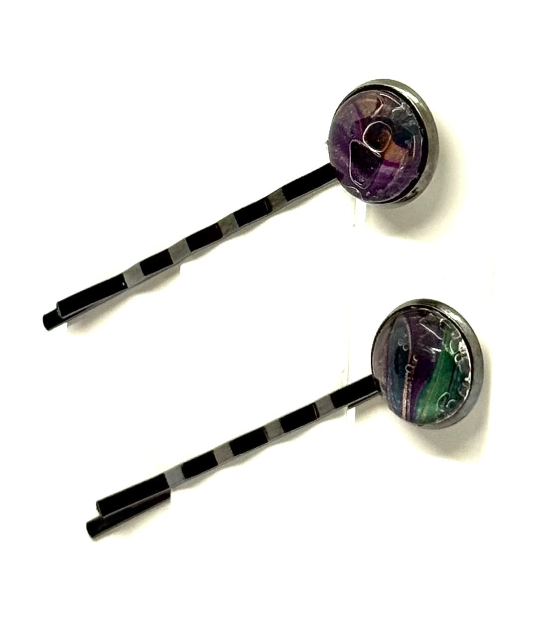 The “Mystic Mayhem” Bobby Pin Set – Handmade Purple & Emerald Swirl Hair Pins (Set of 2)