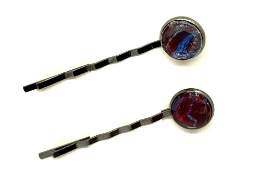 The “Cherry Bomb with Trust Issues” Bobby Pin Set – Handmade Red & Blue Swirl Hair Pins (Set of 2)