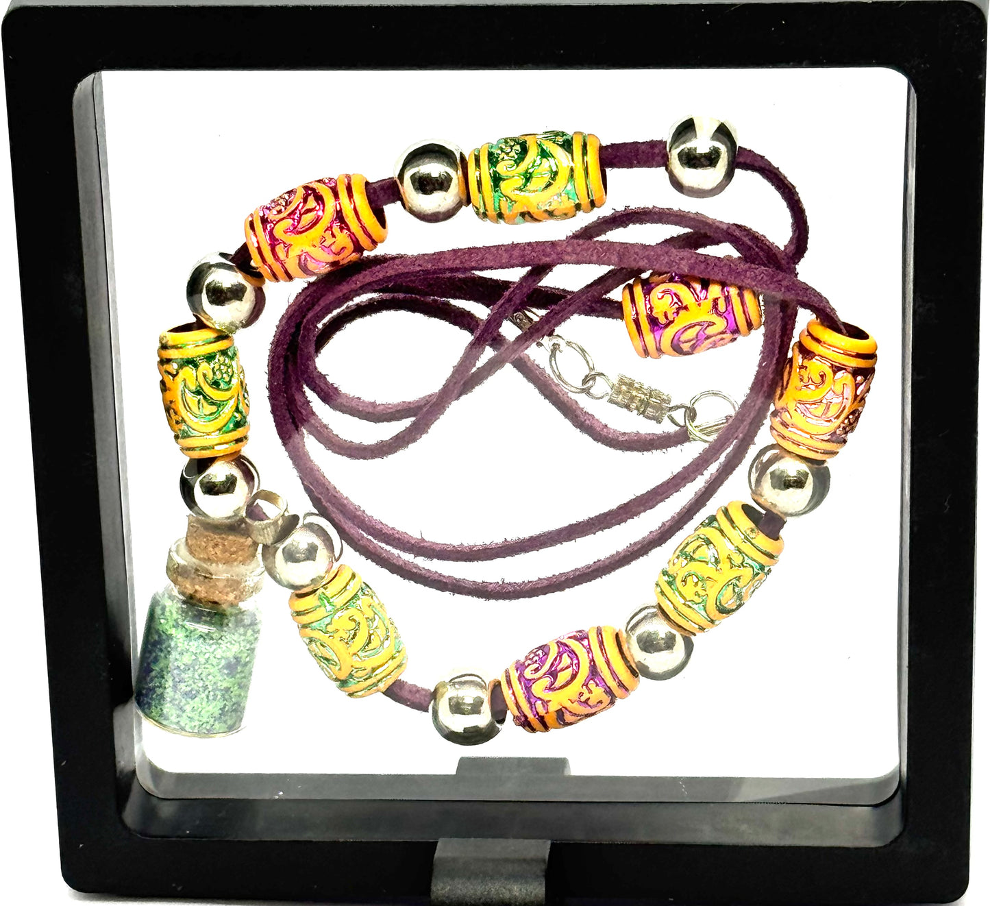 Purple Leather Potion Necklace | 32” Cord | Beaded Statement Necklace | Glass Vial Charm | Screw Clasp | Handmade Chaos Jewelry