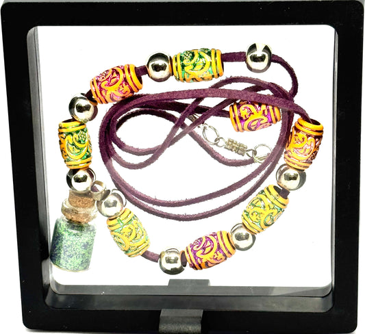 Purple Leather Potion Necklace | 32” Cord | Beaded Statement Necklace | Glass Vial Charm | Screw Clasp | Handmade Chaos Jewelry