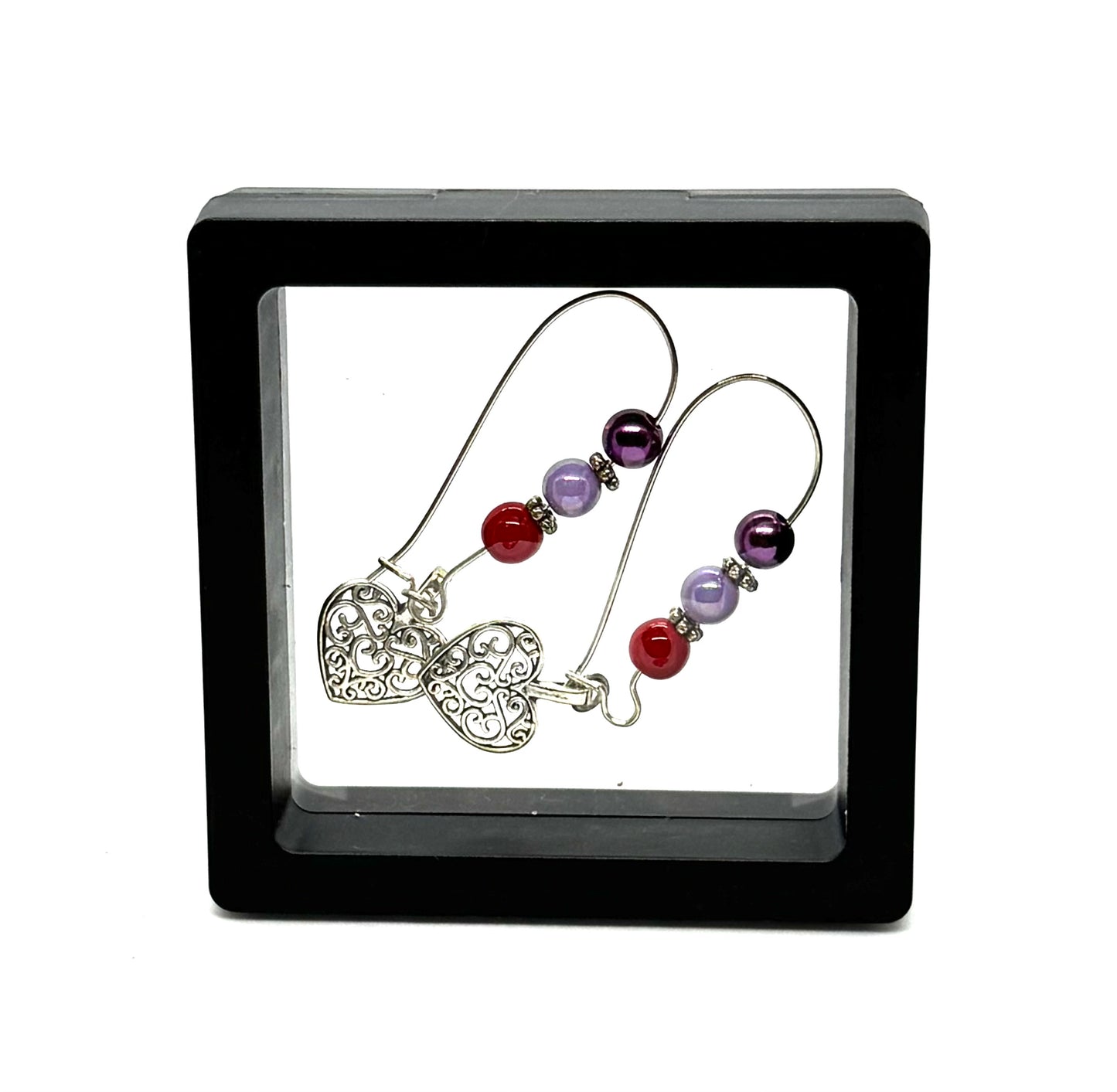 #24 Romantically Unhinged Filigree Heart Earrings – Red, Purple & Lavender Beaded Heart Dangle Earrings