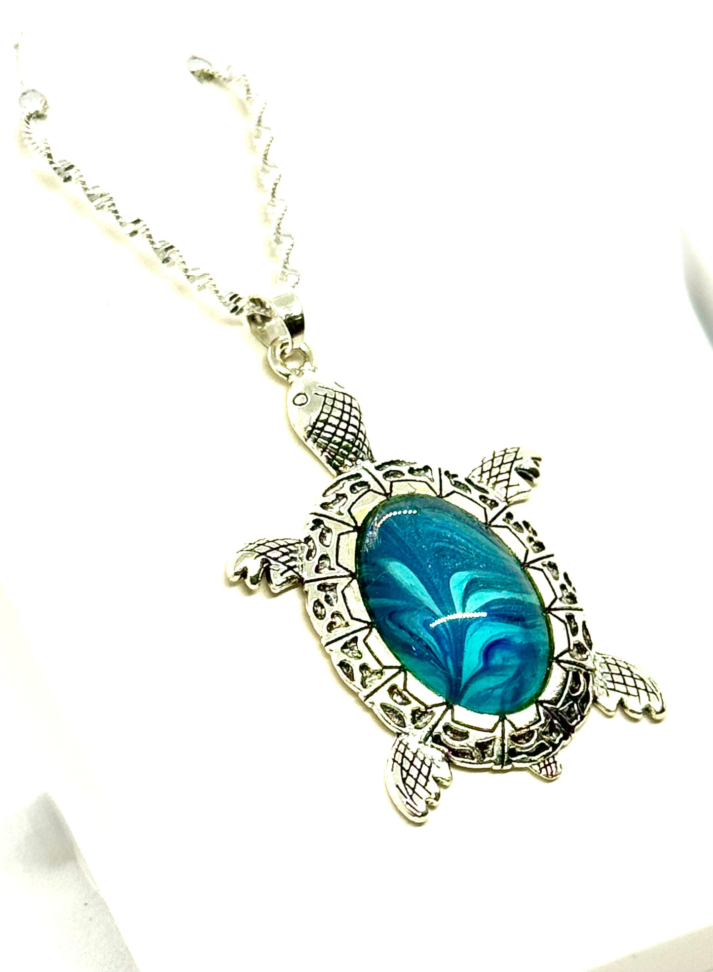 #24 Emotionally Unavailable Sea Turtle – Blue Swirl Paint Pour Turtle Necklace | FDSS Original