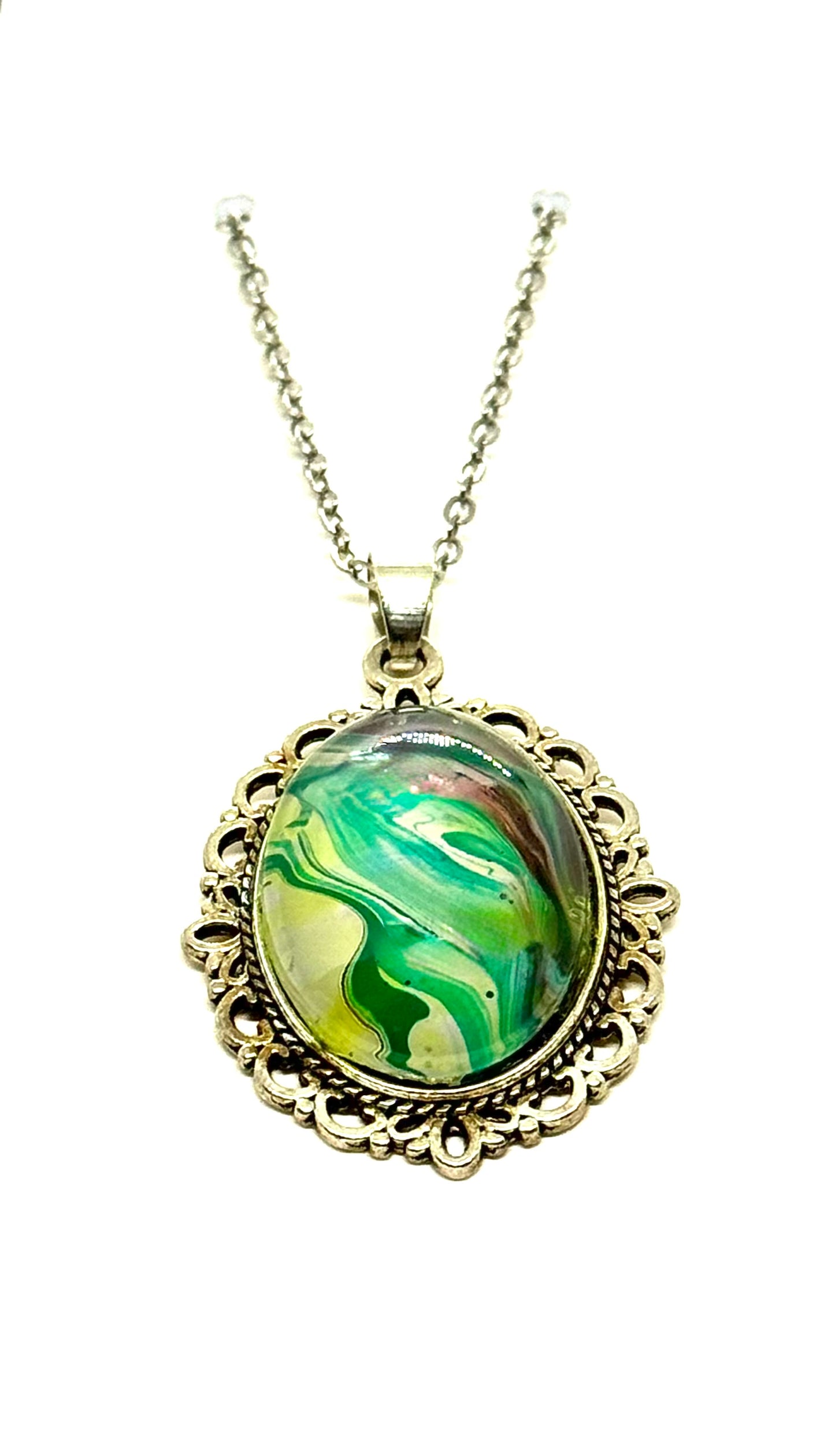 #21 Green Ghost Paint Pour Oval Pendant Necklace – Fluid Art Statement Jewelry