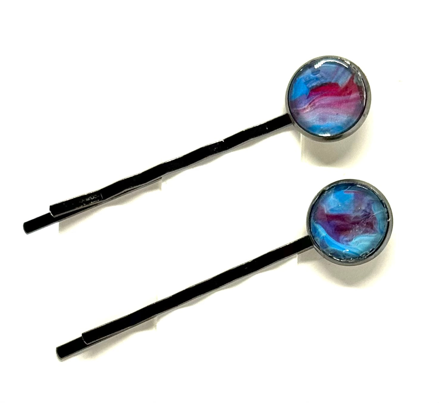 The “Cotton Candy Meltdown” Bobby Pin Set – Handmade Blue & Pink Swirl Hair Pins (Set of 2)