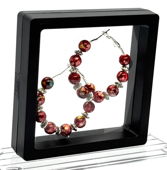 Crimson Fire Marbled Beaded Stainless Steel Hoop Earrings