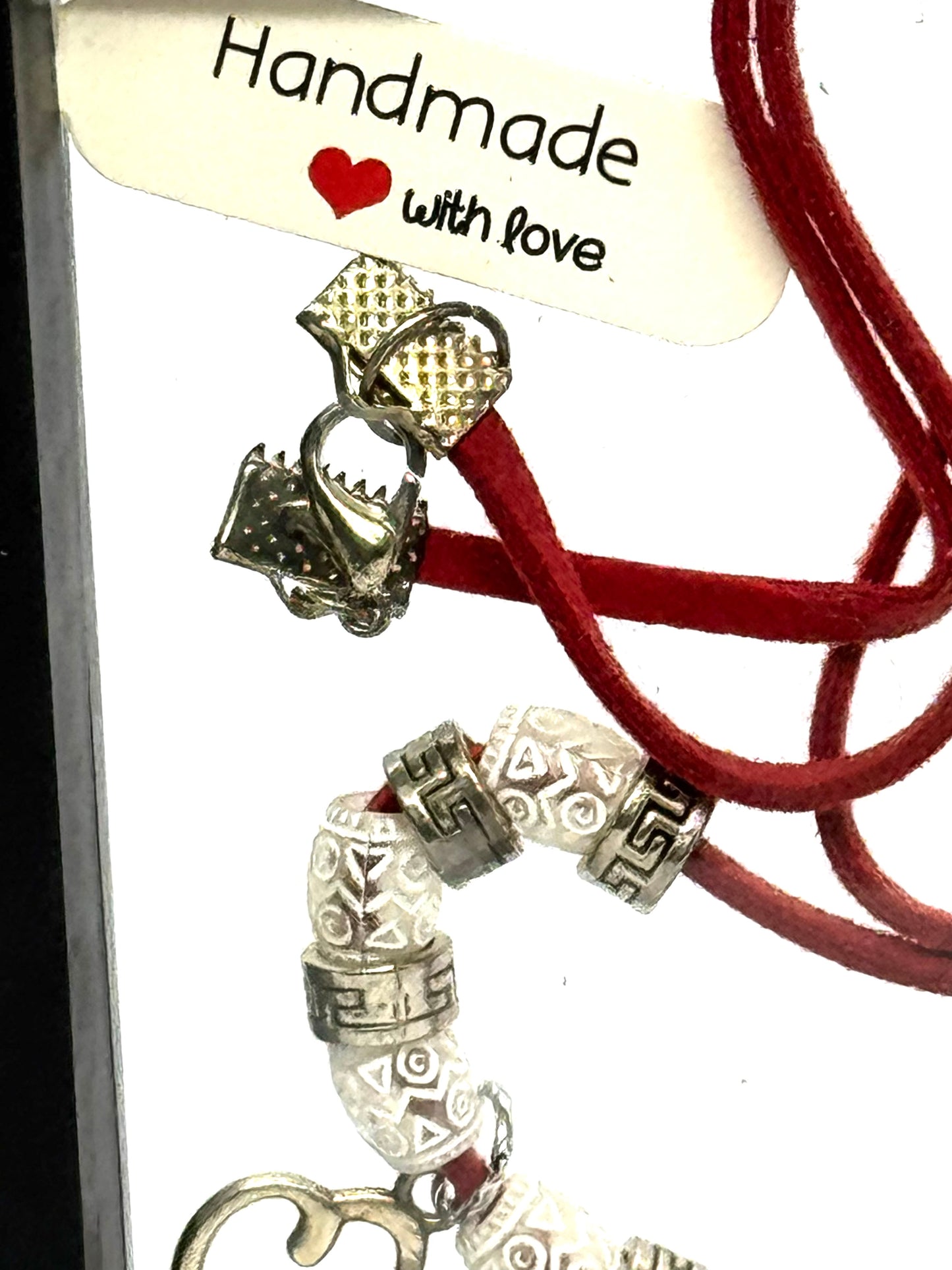 Red Leather Heart Necklace | Beaded Charm Necklace | 28” Cord | Lobster Claw Clasp | Handmade Statement Jewelry