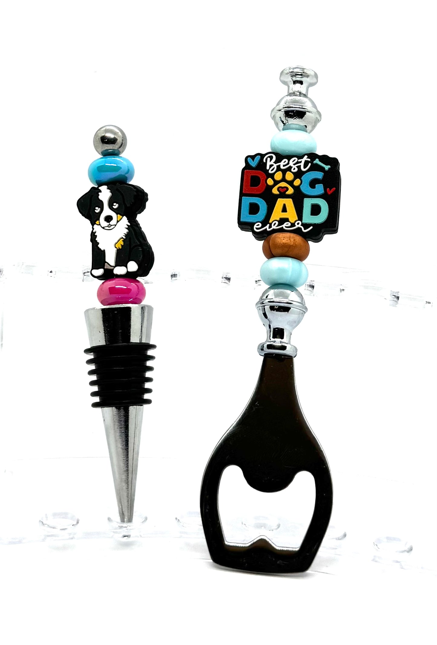 Best Dog Dad Ever Bottle Opener & Bernese Mountain Dog Wine Stopper Gift Set – Handmade FDSS Bar Accessory Duo