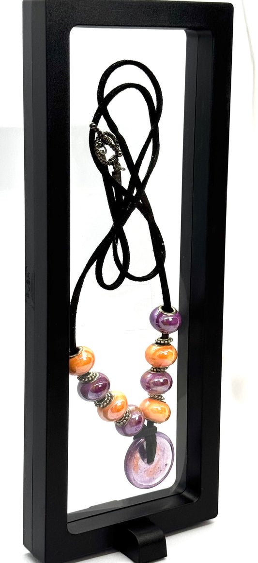 Sunset Chaos Beaded Pendant Necklace | Purple & Orange | 28” Black Cord | Handmade Statement Jewelry