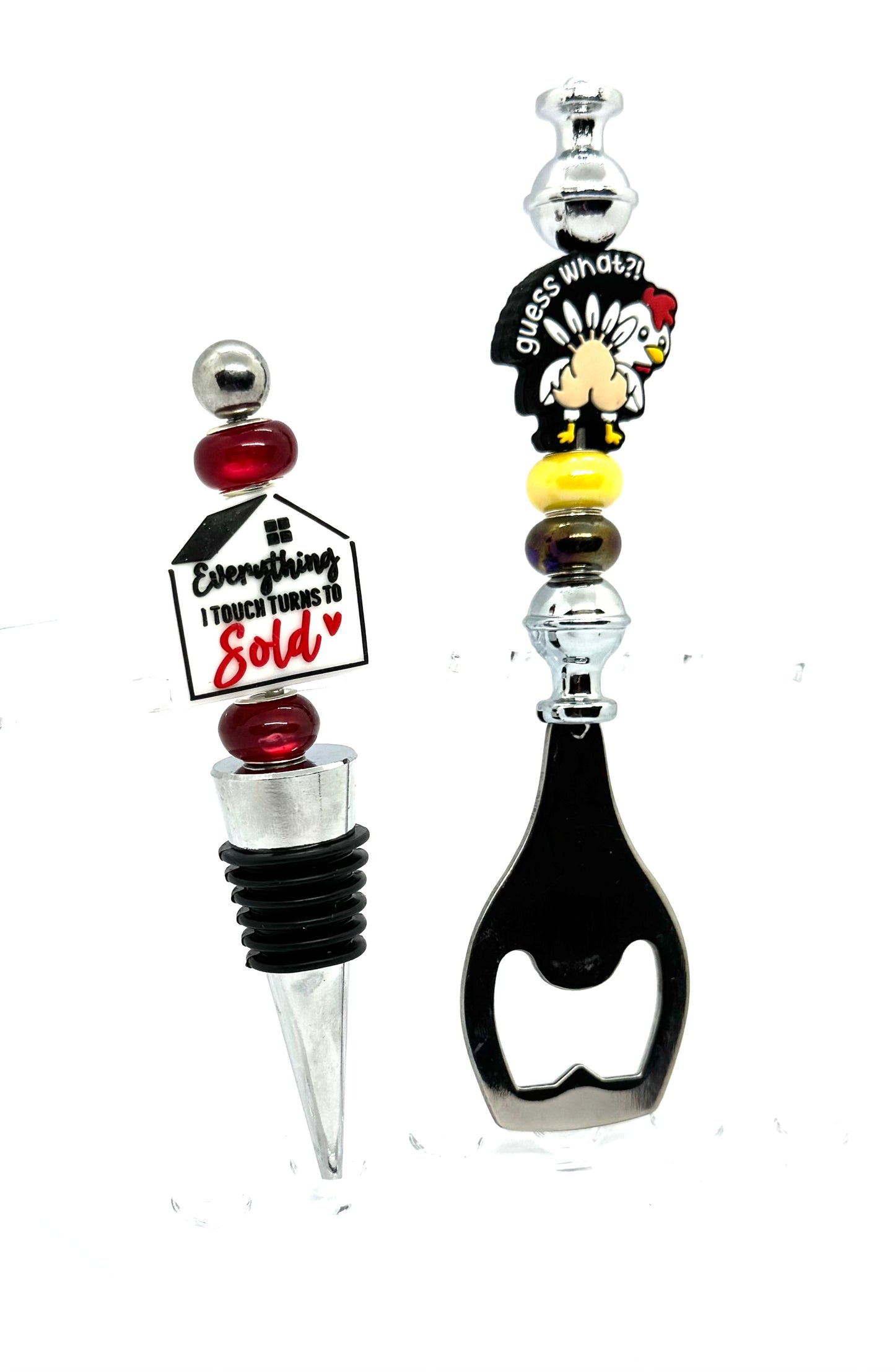 “Everything I Touch Turns to Sold” Realtor Wine Stopper & “Guess What?!” Chicken Bottle Opener Gift Set – Handmade FDSS Bar Accessory Duo