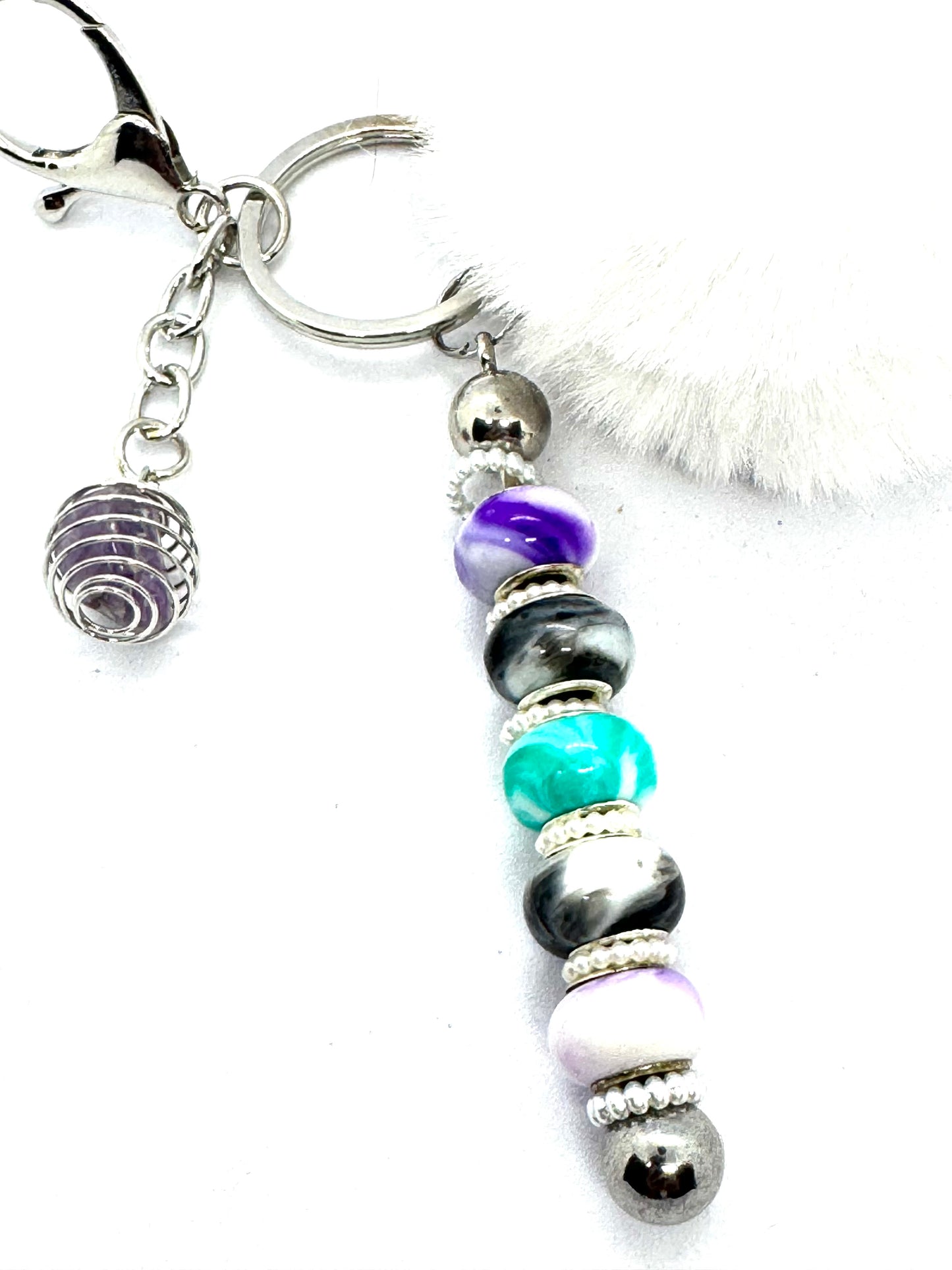 FDSS “Calm Chaos” White Pom Pom Beaded Keychain with Amethyst Charm