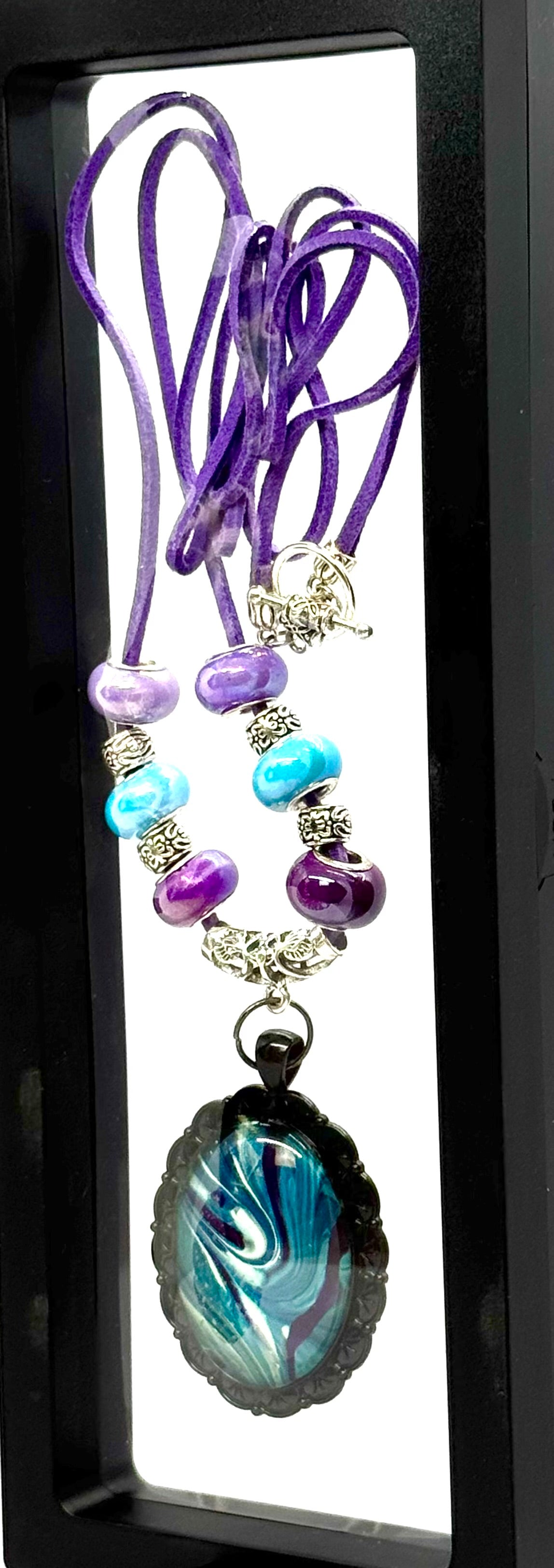 Cosmic Chaos Pendant Necklace | Teal & Purple Swirl | 38” Cord | Statement Piece