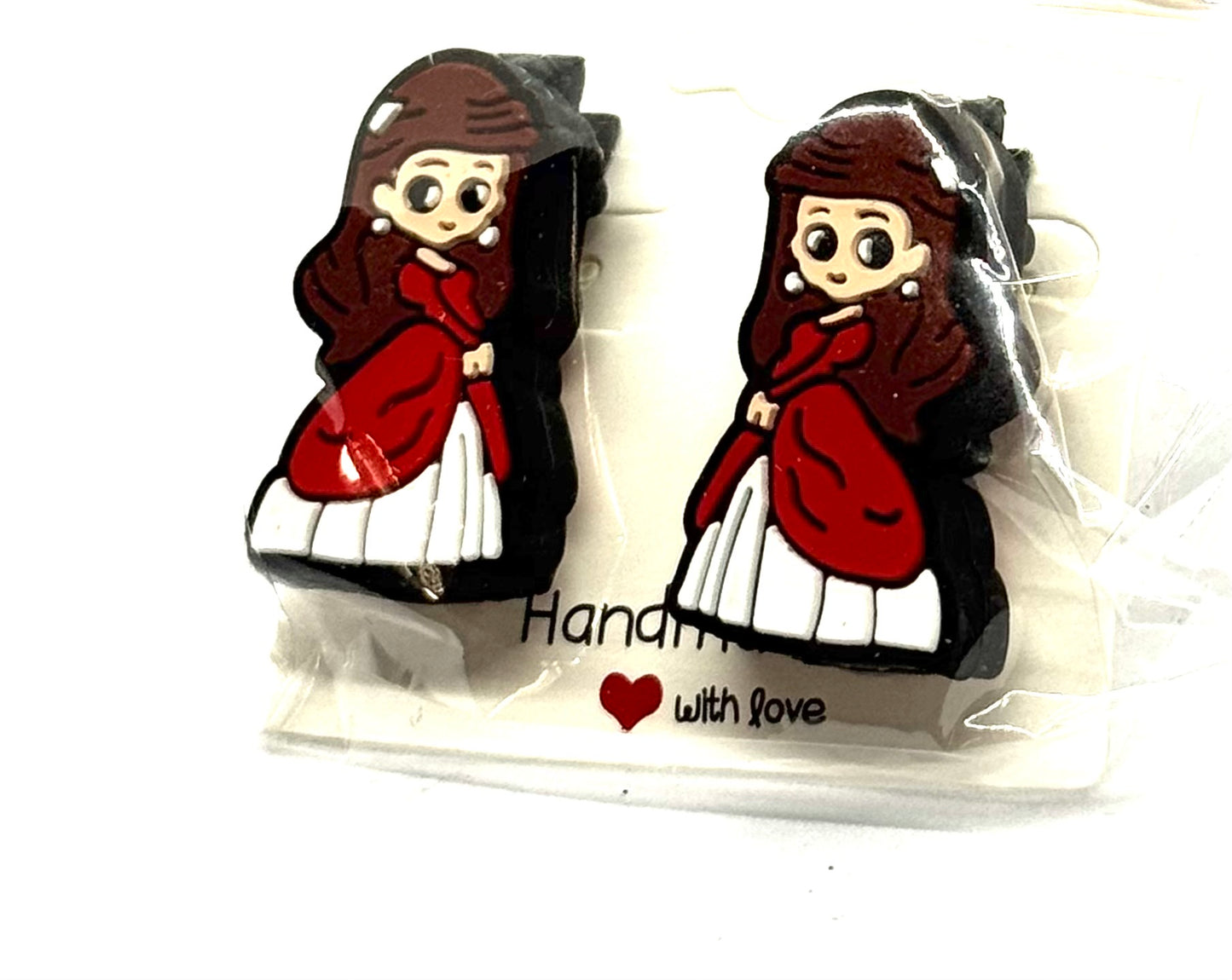 #3 Soft Drama Barrettes – Dark Hair Red Outfit Character Clips (2pc Set)